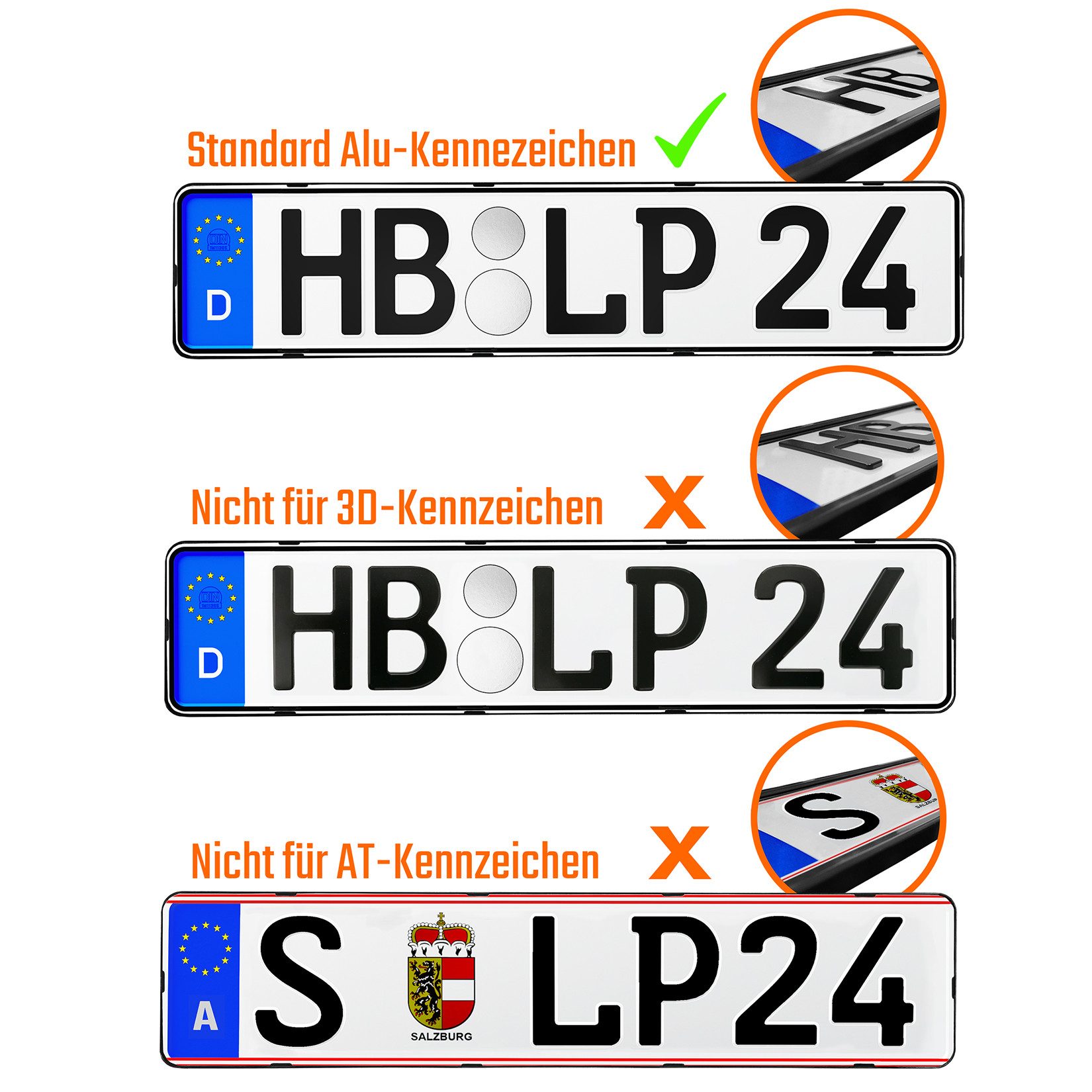 L & P Car Design Kennzeichenhalter für Auto rahmenlos Schwarz dezent sicher langlebig, (2-St)