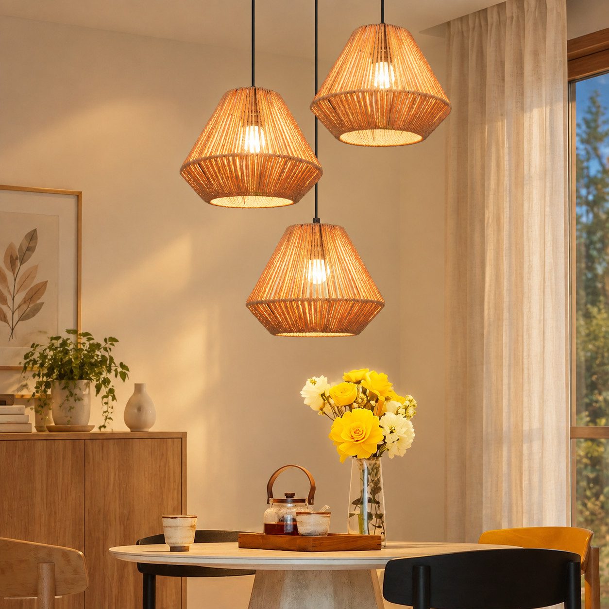 Nettlife Pendelleuchte Rattan Hängeleuchte 3 flammig Boho E27 für Esszimmer Wohnzimmer, Ohne Leuchtmittel, für Esstisch Esszimmer Schlafzimmer Wohnzimmer