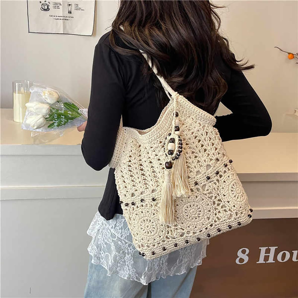 MOPUEA Strandtasche Women's Straw Bag Strandtasche, Bohemian Straw Umhängetasche (1-tlg., Umhängetasche, Strandhandtaschen), Strandtasche, handgefertigt, gewebt – Bild 5 von 5