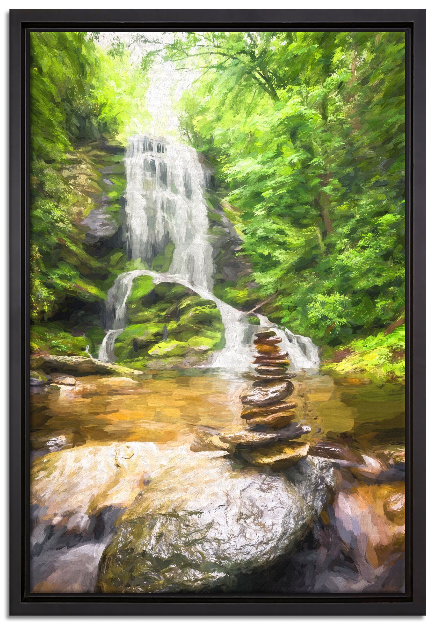 Pixxprint Leinwandbild Zen inkl. St), Steine vor bespannt, Wanddekoration (1 Kunst, in gefasst, Zackenaufhänger Schattenfugen-Bilderrahmen fertig einem Leinwandbild Wasserfall