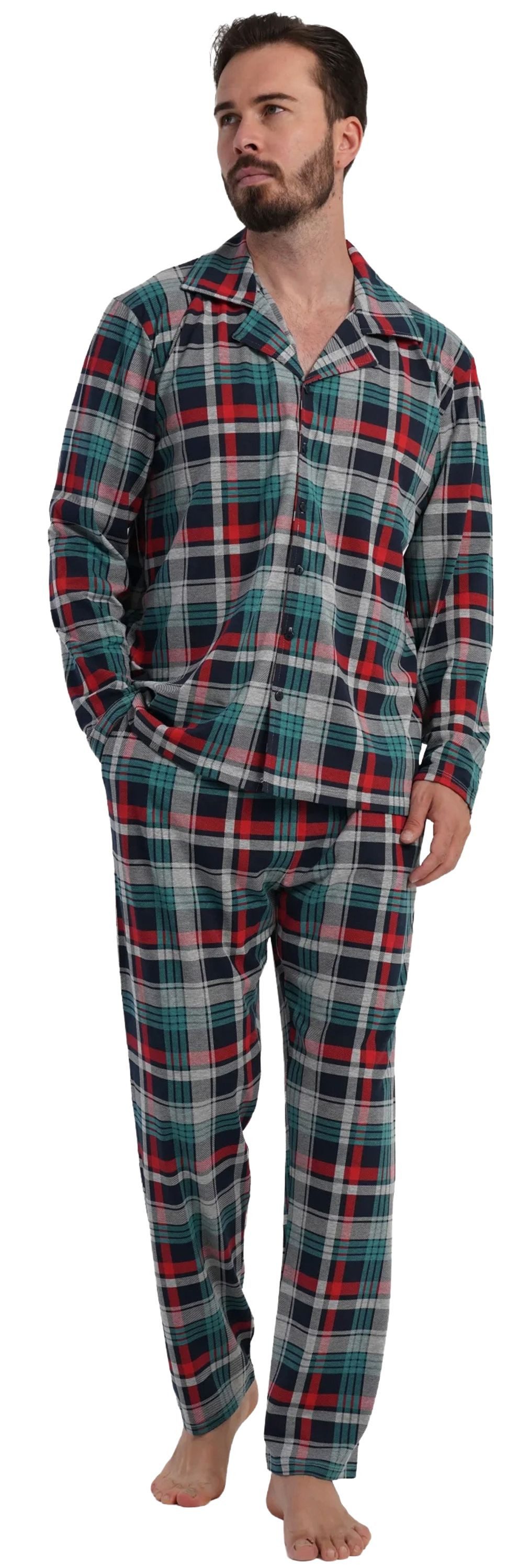 Vienetta Schlafanzug Man (Set, 2 tlg., 2-teilig) Herren Pyjama lang Langarm geknöpft Baumwolle