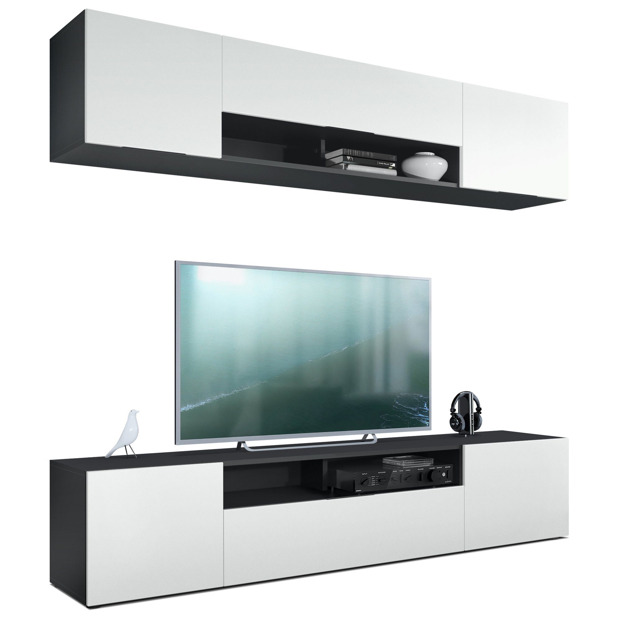 Vladon Wohnwand Mogan, (Anbauwand bestehend aus 2 TV-Boards, mit jeweils 2 Türen, 1 Klappe und 1 offenes Fach), Schwarz matt/Weiß matt 2x (181 x 39 x 35 cm)