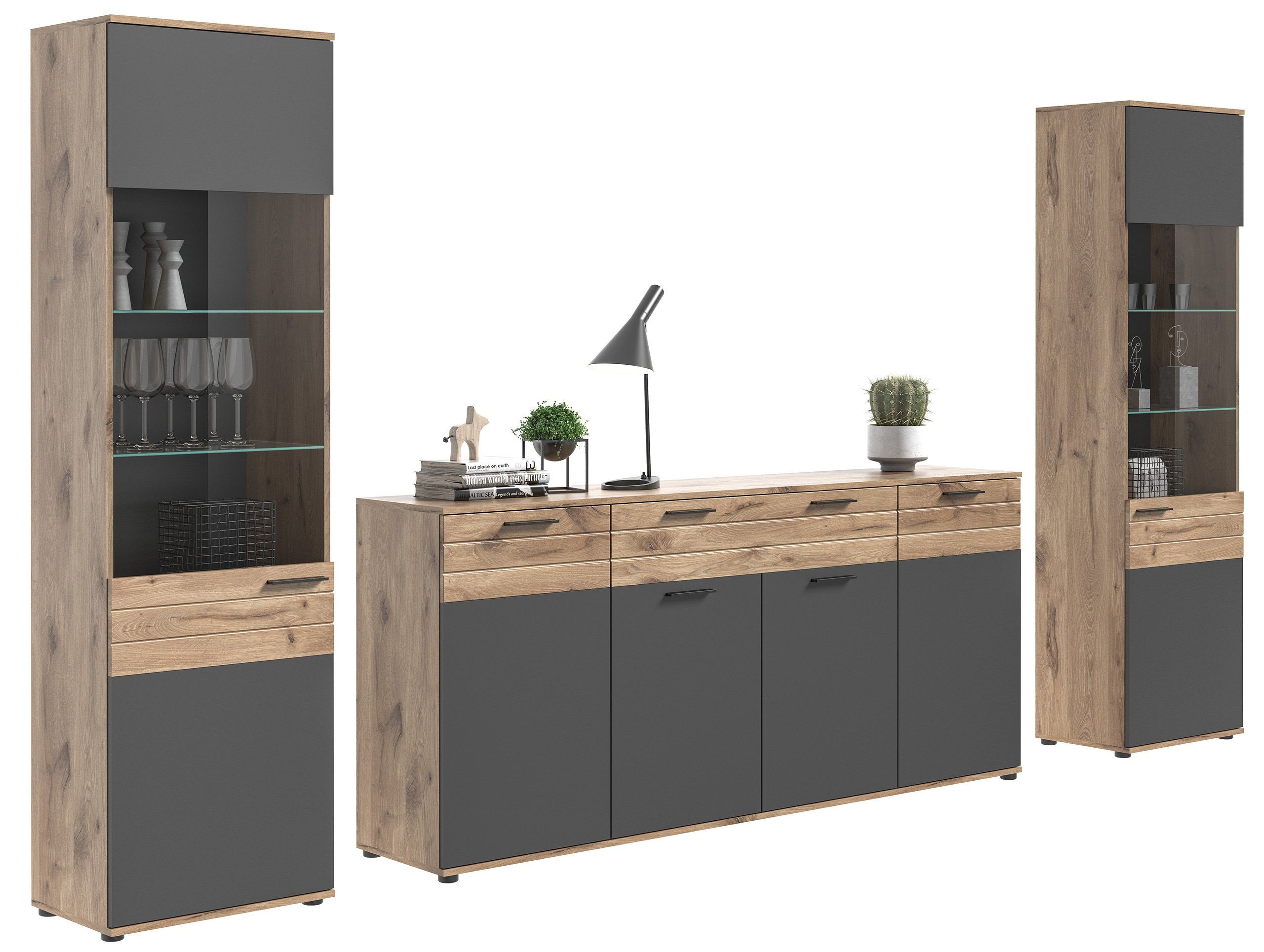 Newroom Wohnwand Lupus, Wohnwand Basalt Grau Eiche Schrankwand Anbauwand Industrial Modern ...