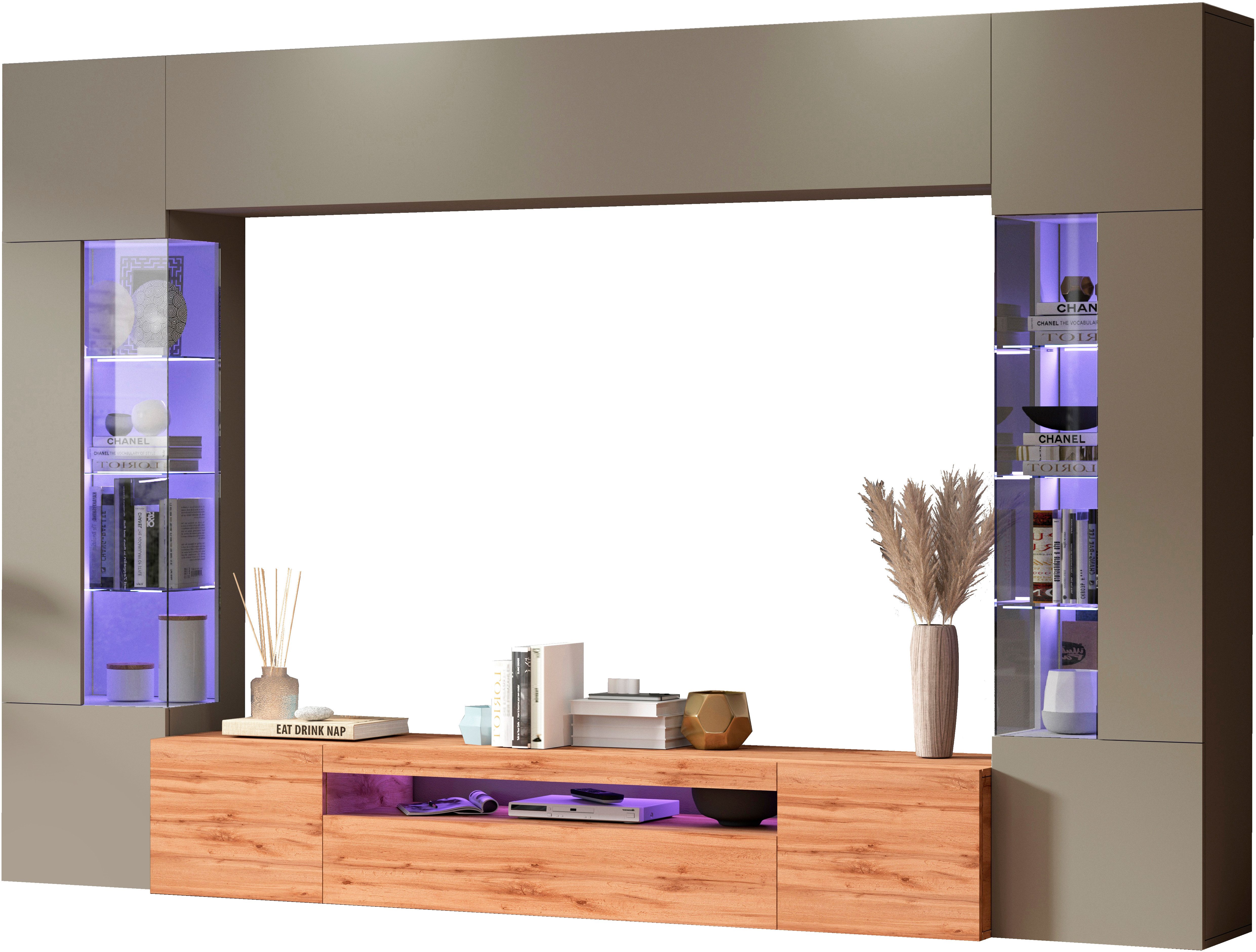 OTTO home Wohnwand New Egypt, (4-St., Breite 290cm), bestehend aus 2 Stauraumvitrinen, 1 Lowboard, 1 Hängeschrank