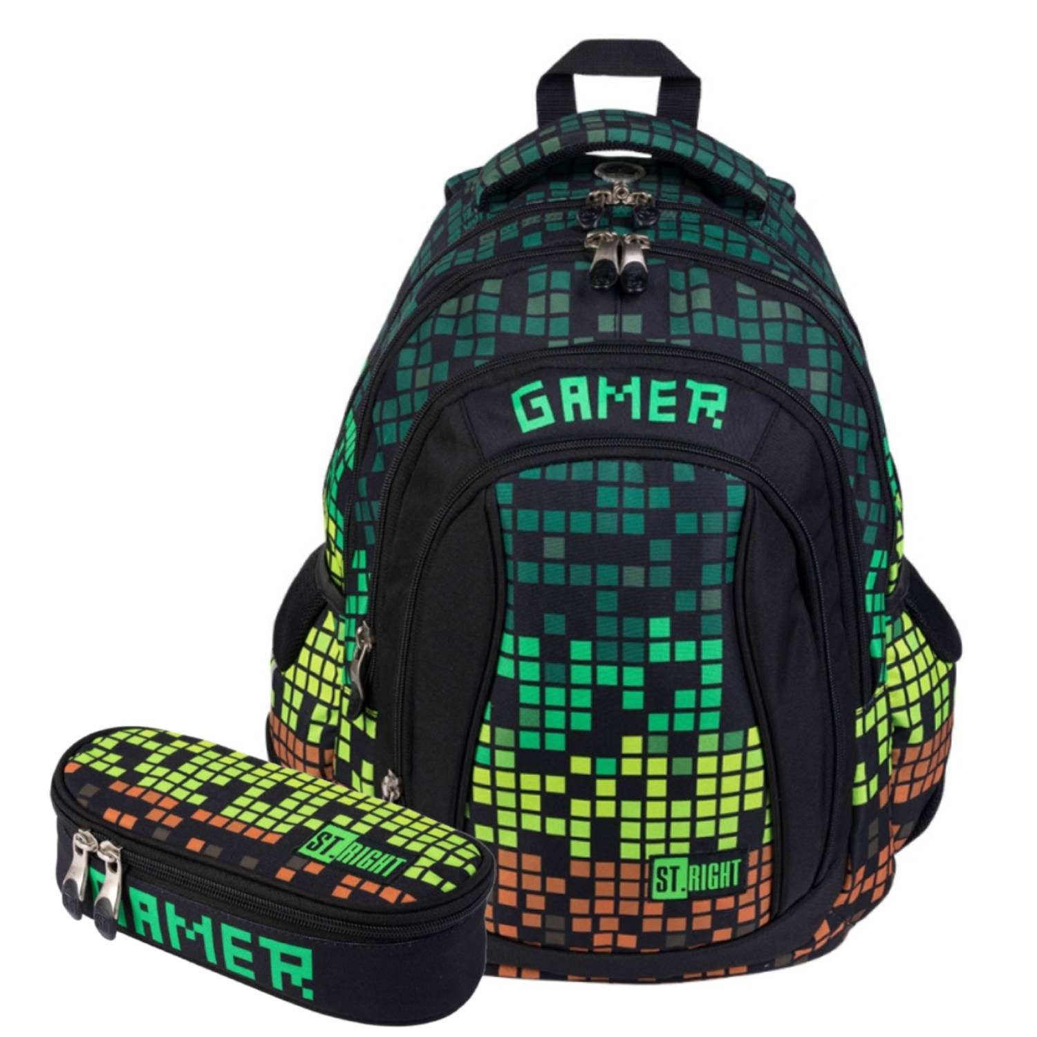 KiddiBex Schulrucksack Jungen Schulranzen ab 5. Klasse mit Brustgurt (Set, 2-tlg., Schulrucksack, Federmäppchen), Rucksack Teenager Schule Schultasche - Ergonomischer Schulranzen Gamer