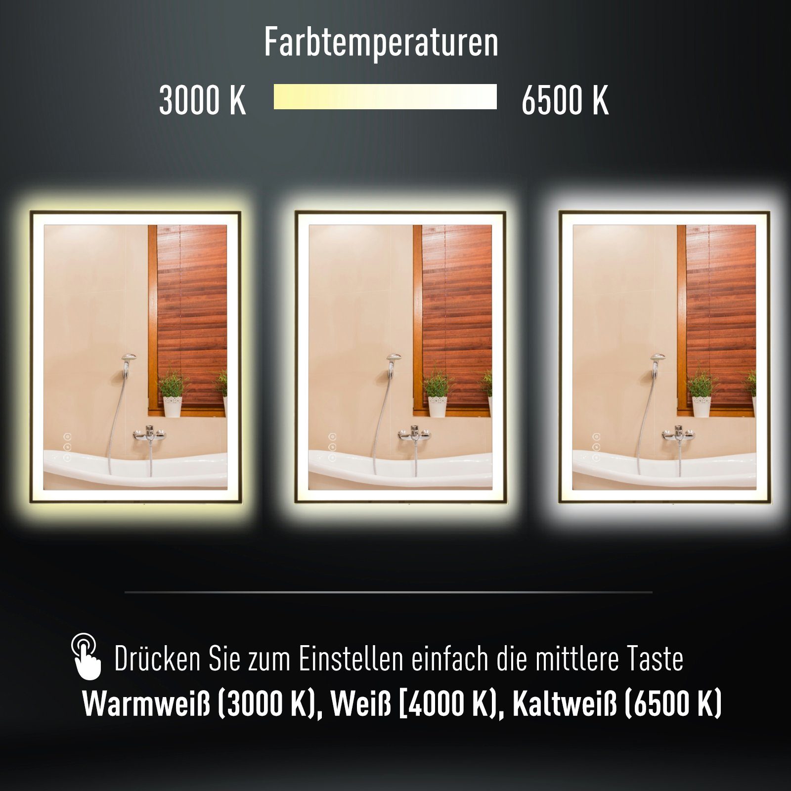 Kleankin Badspiegel mit Antibeschlagsfunktion, Wandspiegel 1 Nebelfreier (Set, Farben Touch-Schalter 1-St., Badspiegel), 3 x LED-Spiegel