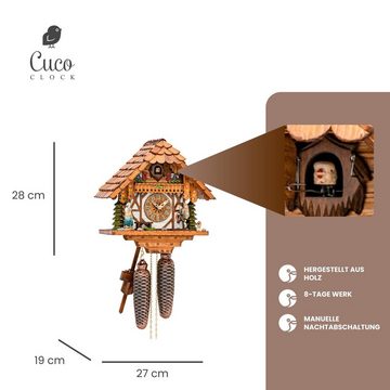 Cuco Clock Pendelwanduhr Kuckucksuhr Schwarzwalduhr "Schwarzwald-Traditionen" Wanduhr aus Holz (19 x 27 x 28cm, 8 - Tage Werk, manuelle Nachtabschaltung)