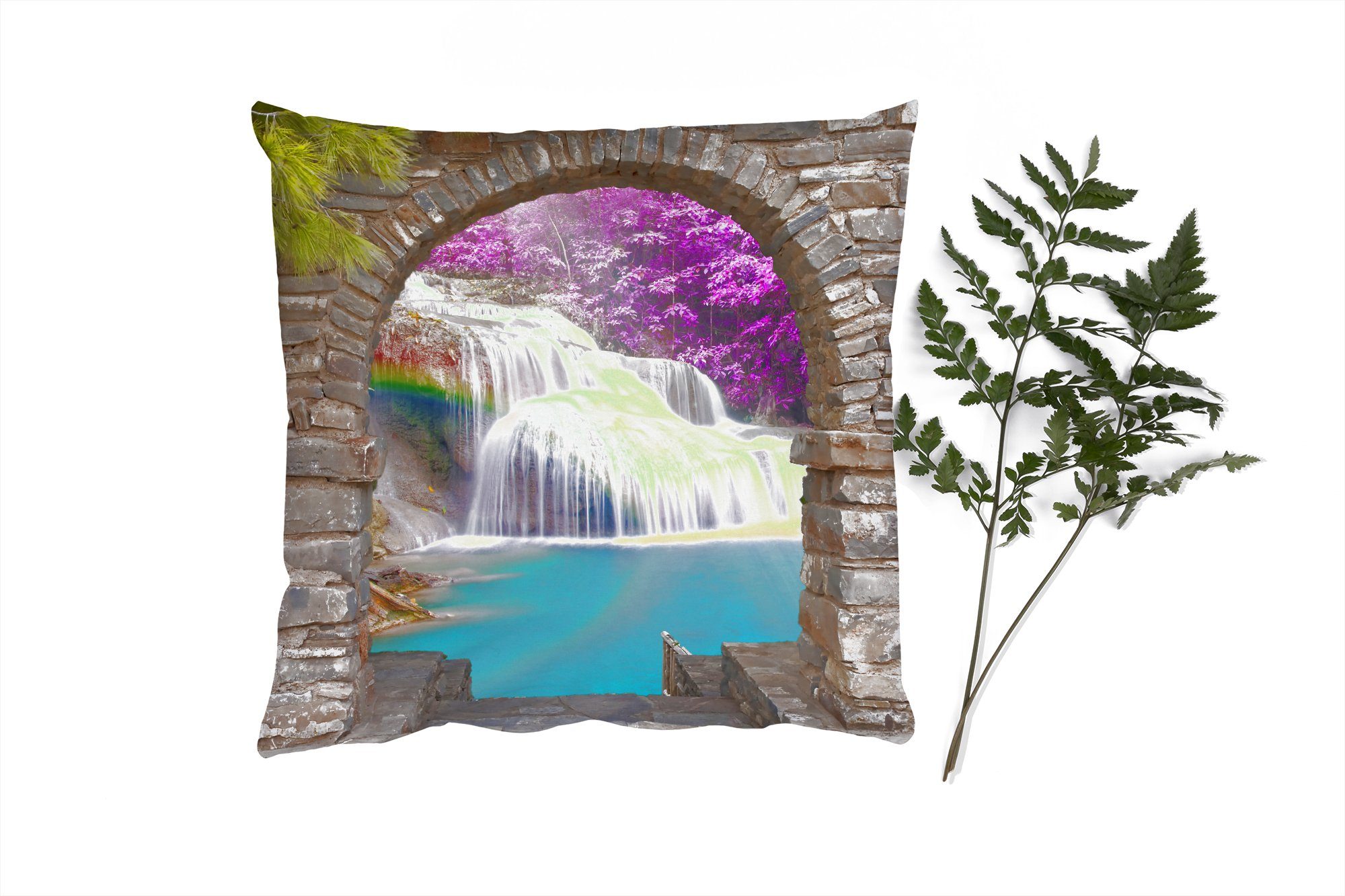 - Schlafzimmer, Dekokissen Zierkissen - Blumen Wasserfall für - Füllung Ausblick, Sofakissen MuchoWow Regenbogen Wohzimmer, mit Deko,