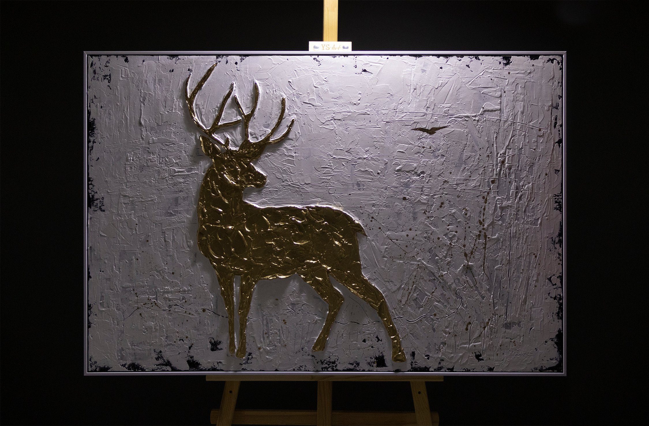 in mit Rahmen Handgemalt Tiere, Gold Hirsch Würde, Gemälde Leinwand Leinwanbild Goldene YS-Art auf