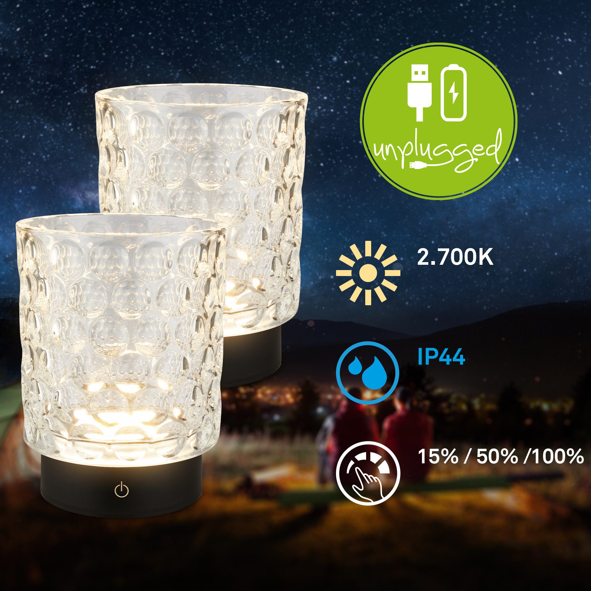 Briloner Leuchten LED Außen-Tischleuchte SUNORA, Dimmfunktion, LED fest integriert, Warmweiß, kabellos 15 x 11 cm Klar 2W Wohnzimmer Flur Outdoor Aussen 2er-Set