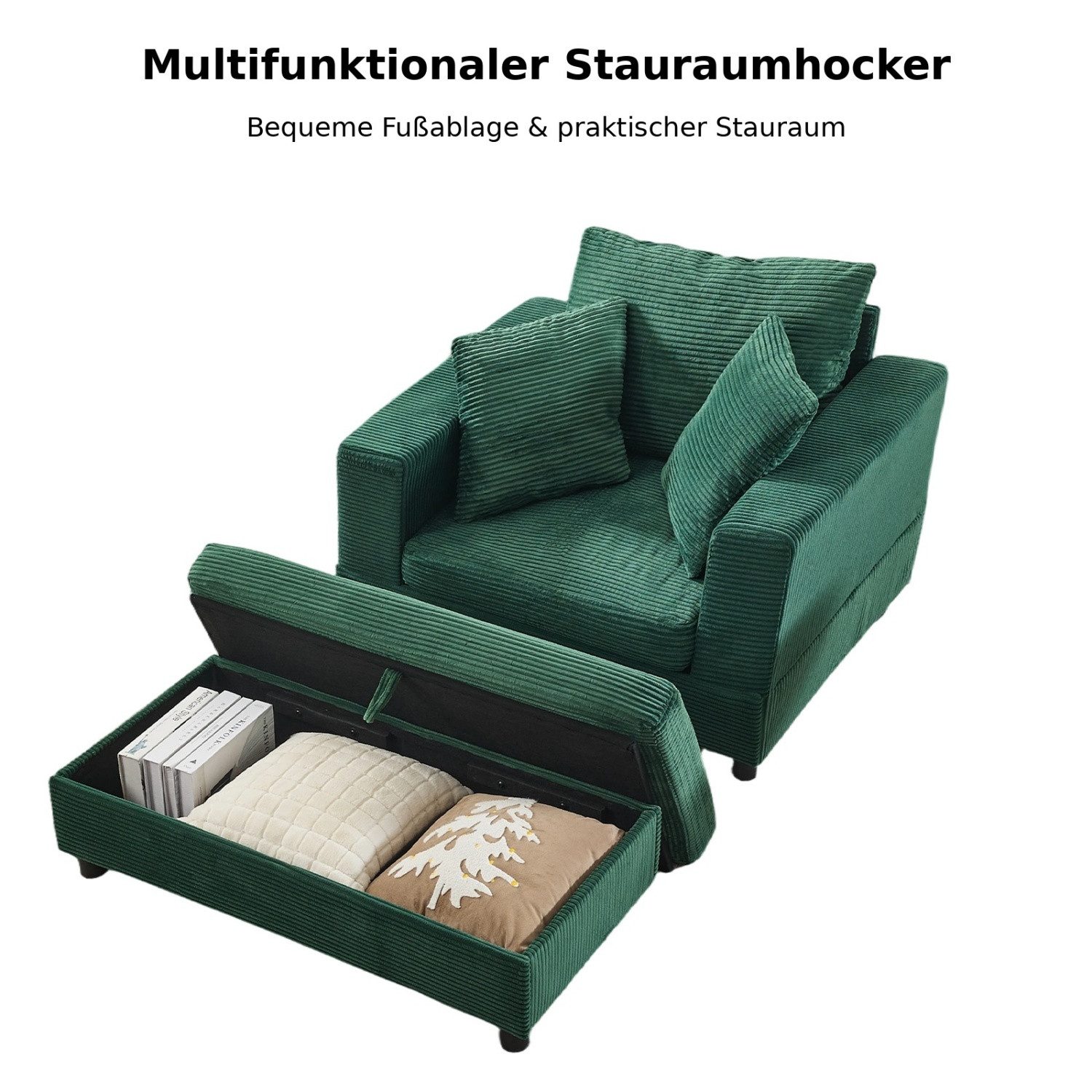 ANYSUN XXL-Sessel Loveseat mit Stauraumhocker, breiter Sitzfläche & 3 Rückenkissen (2-St), Cordsessel mit gepolsterten Armlehnen für Wohnzimmer & Leseecke,Grün – Bild 5 von 5