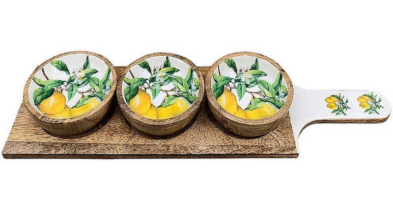 Exner GmbH Garten- & Wohnaccessoires Dekoschale Tablett mit 3 Dekoschalen aus Holz mit Zitronendesign im Inlett