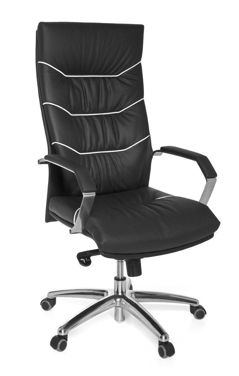 furnicato Bürostuhl FERROL Echt-Leder schwarz Schreibtischstuhl, Chefsessel mit Kopfstütze