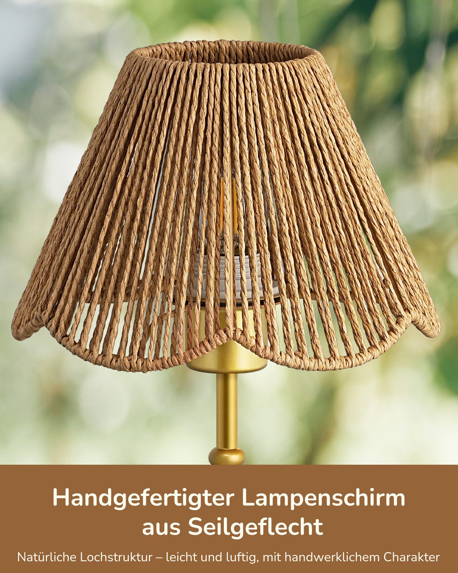 EDISHINE Nachttischlampe EDISHINE Nachttischlampe mit handgeflochtenem Papierseil-Schirm, LED wechselbar, Warmweiß, Gold Inklusive 4W LED mit 2700K Warmweiß