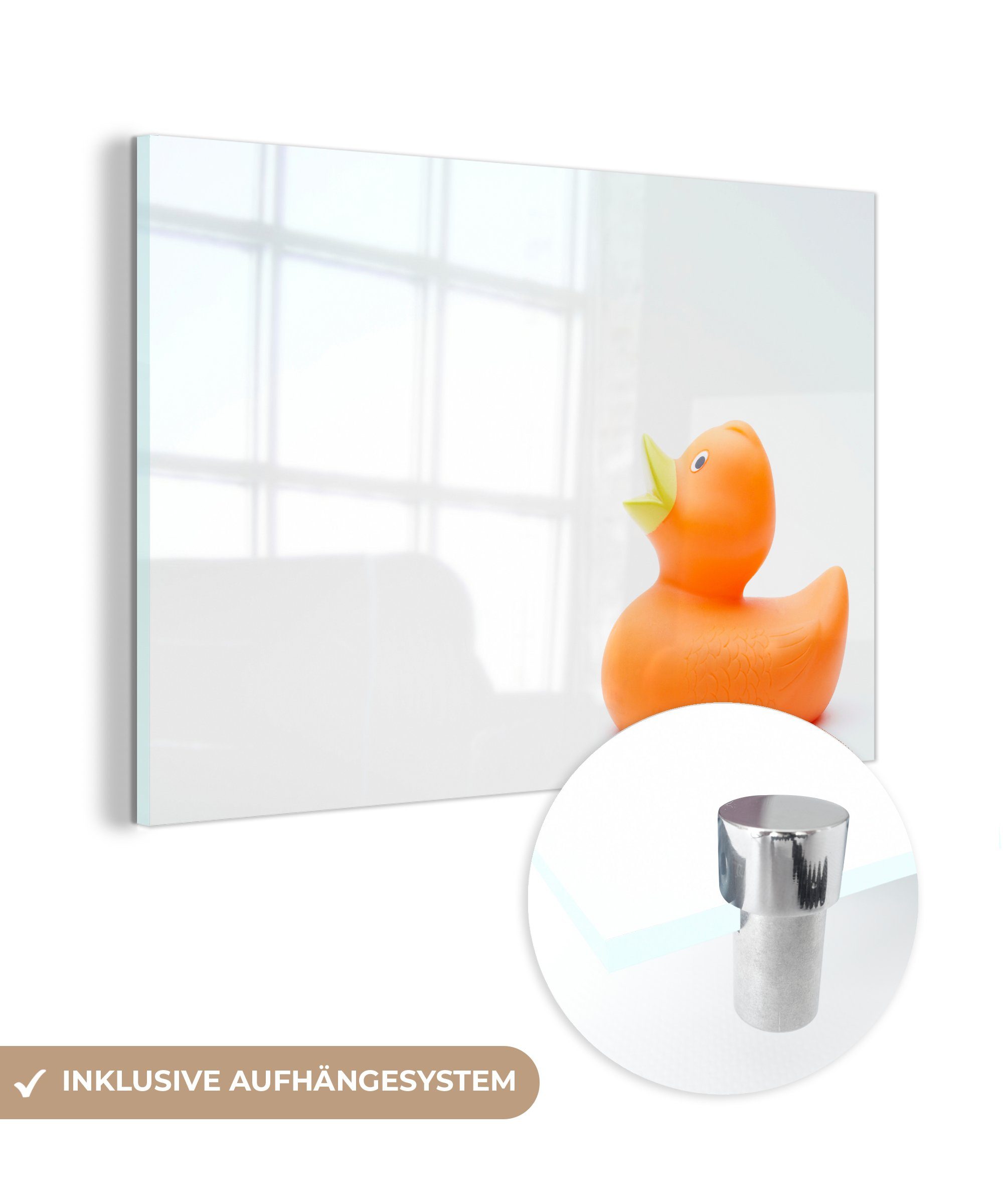 MuchoWow Acrylglasbild Gummi-Ente - Orange - Weiß, (1 St), Acrylglasbilder Wohnzimmer & Schlafzimmer