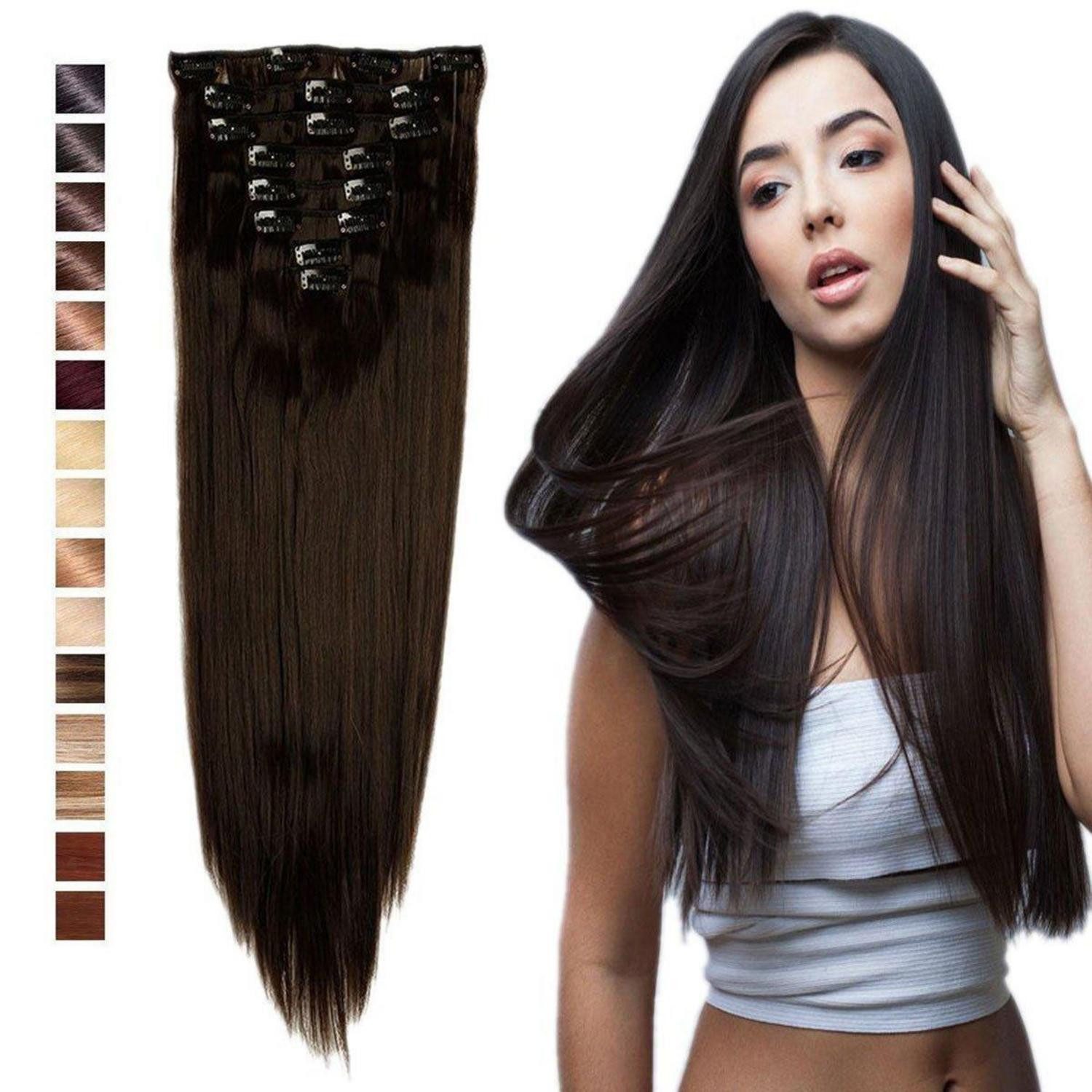 LuxusKollektion Kunsthaar-Extension Haarverlängerung Clip In 8 Teile 18 Clips Echthaar 58 cm Dunkelbraun