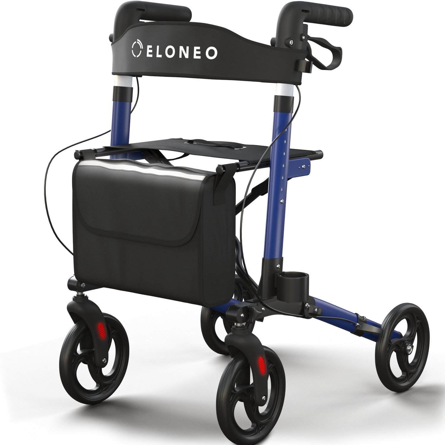 ELONEO Rollator leicht und faltbar mit Sitz, Gehhilfe 8-fach höhenverstellbar, Komfort-Sitz mit Stockhalter, Einkaufstasche & Rückengurt