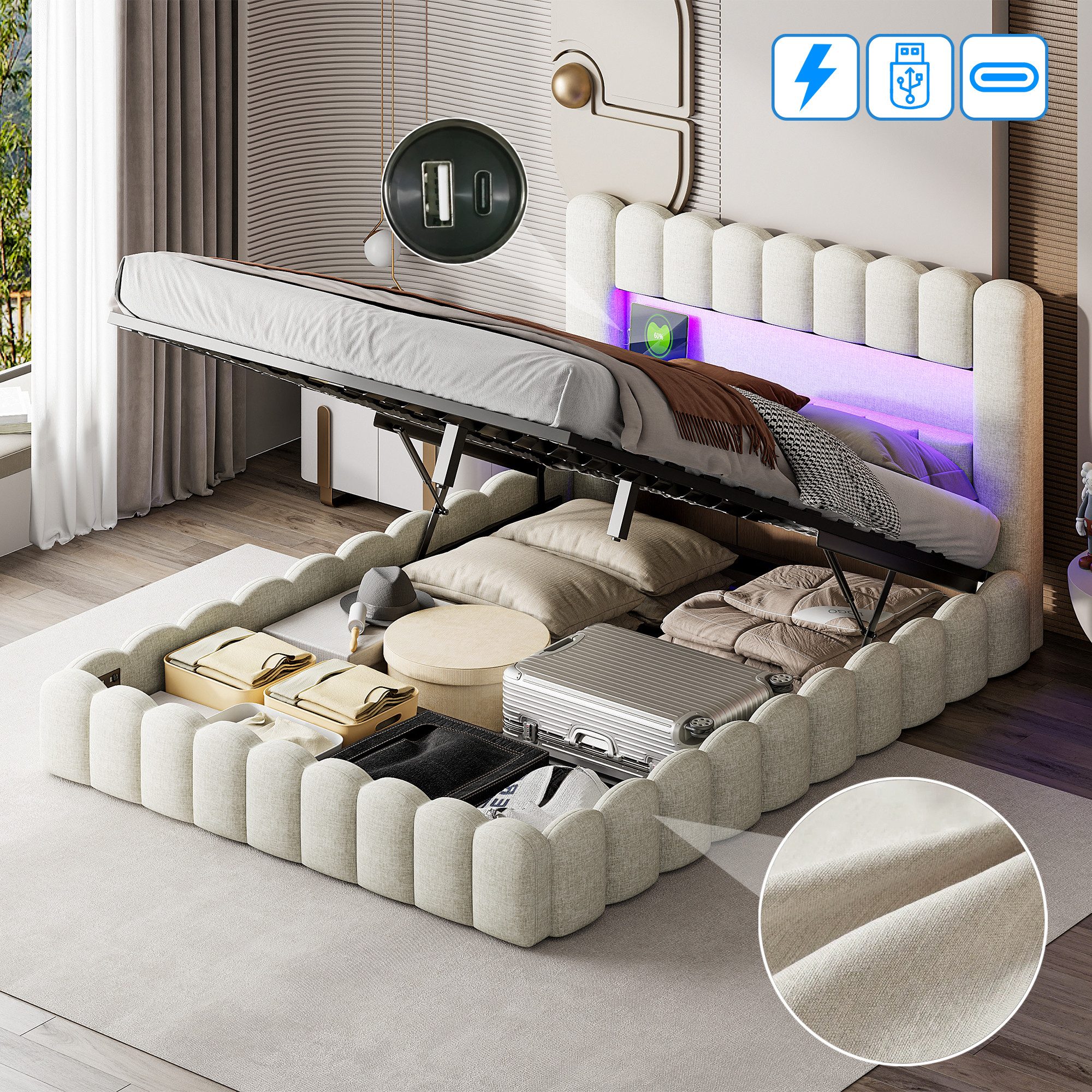 PXloue Polsterbett Doppelbett Jugendbett (ohne Matratze), Stauraumbett, Bettkasten, LED-Beleuchtung, USB-Anschluss, 180x200 cm