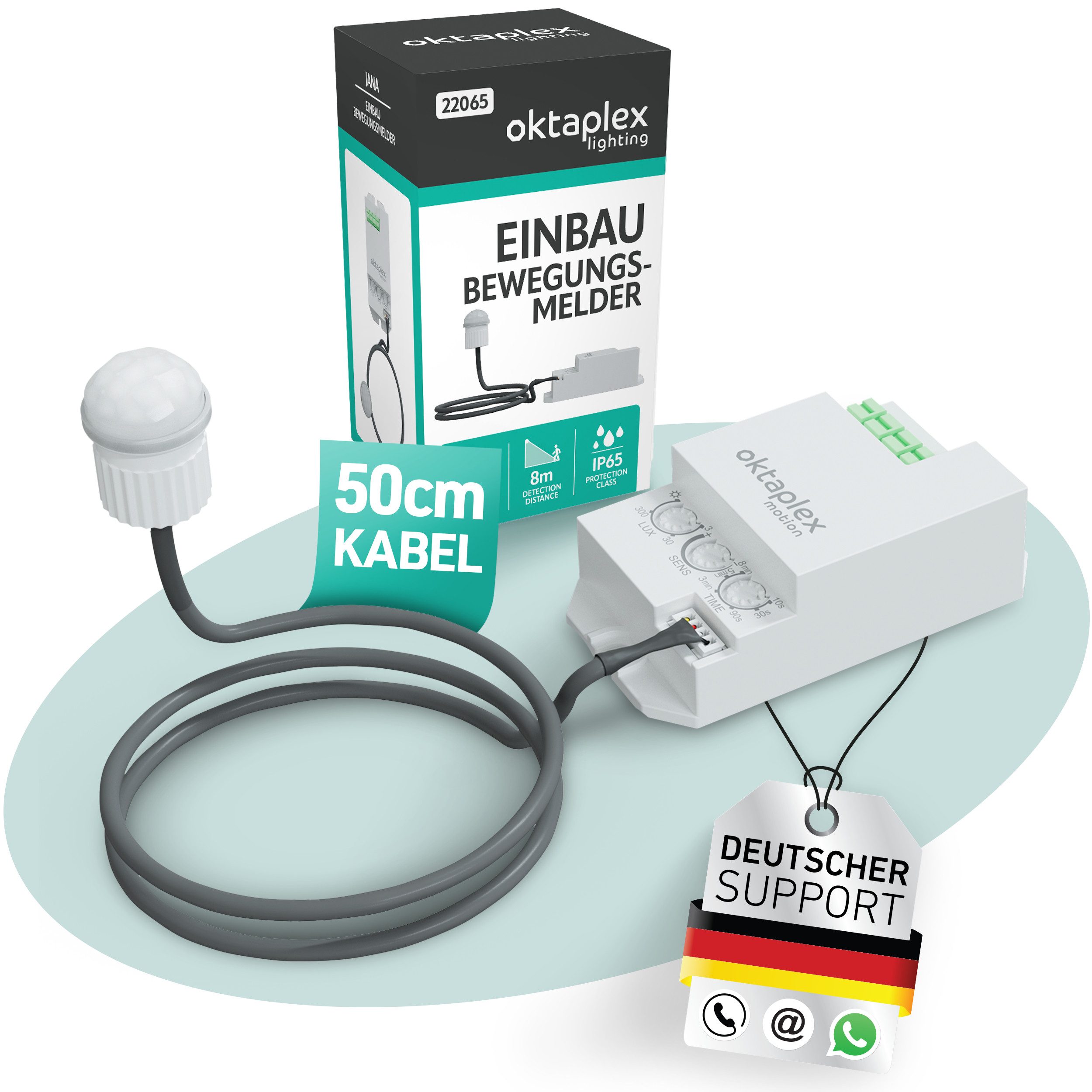 Oktaplex motion Bewegungsmelder Jana Einbau Bewegungsmelder 360 Grad Infrarot 6m Reichweite IP65, Für Decke Wand Leuchte 50 cm Kabel IP20 weiß