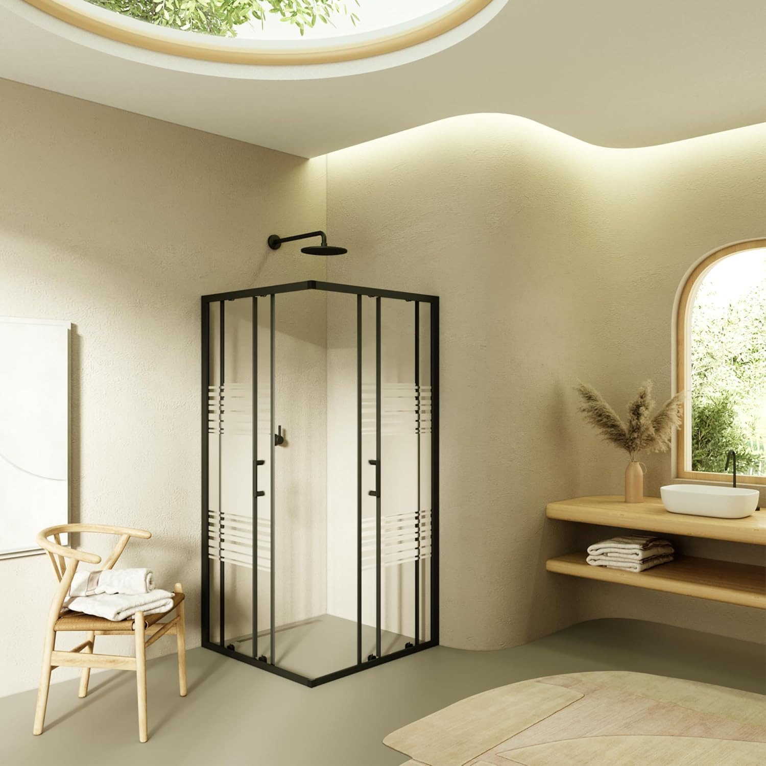 i-flair Eckdusche Schiebetür Duschkabine DANIELLE aus teilsatiniertem 6 mm ESG, BxT: 70x70 cm, Einscheibensicherheitsglas, ohne Duschtasse, mit hochwertigen Aluminiumprofilen in schwarz, ebenerdiger Einbau möglich, mit Schiebetüren