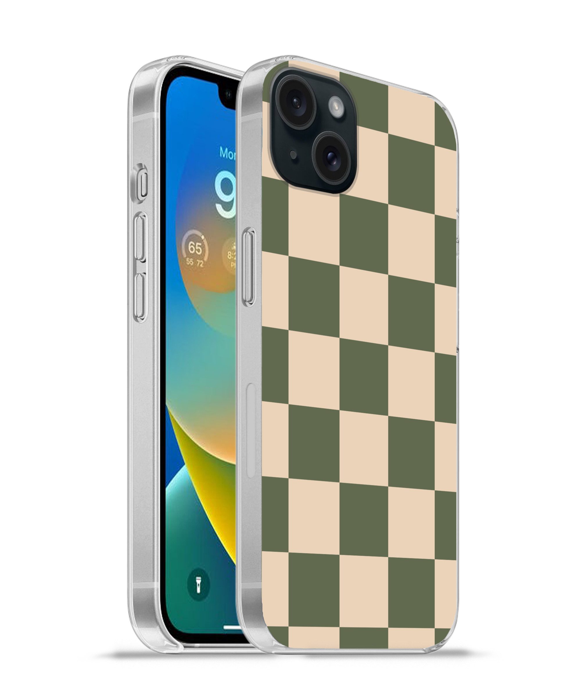 MuchoWow Handyhülle für Apple iPhone 15 Plus Schachbrettmuster - Grün - Beige - Blöcke, Smartphone-Bumper, Print, Handy Schutzhülle Dünn