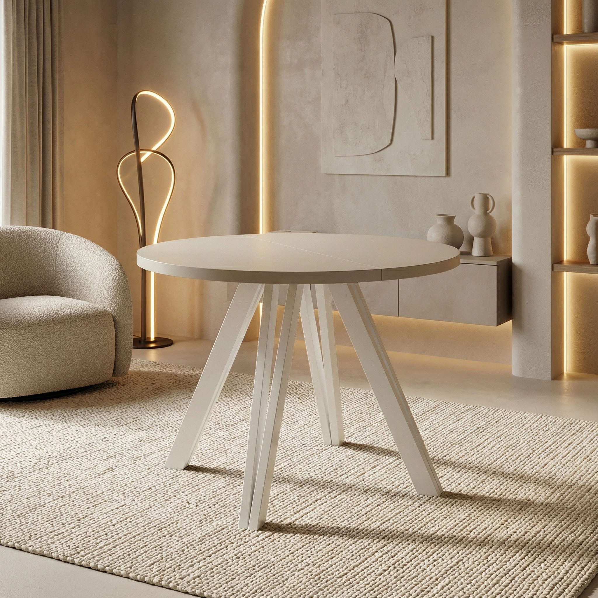 WFL GROUP Esstisch Ravano ausziehbar rund modern mit Weißen Holzbeinen (MADE IN EU, drei Größen – 100 cm, ausziehbar auf 140/180 cm), platzsparender Tisch für kleine Küche, Esszimmer oder Wohnzimmer