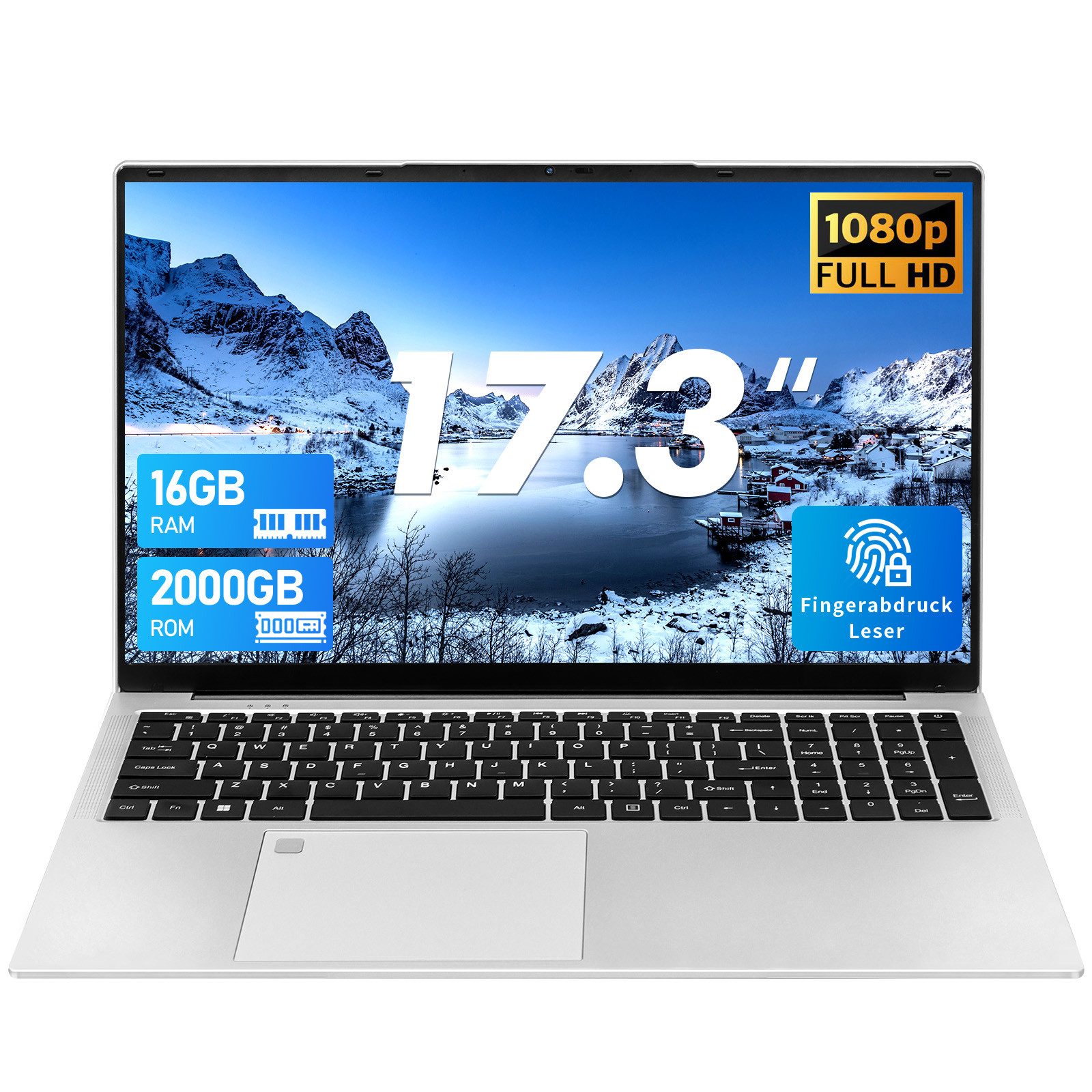 LONGEVINCE 17,3 Zoll Laptop, 1080P Full HD IPS Display, Fingerabdrucksensor Notebook (43,94 cm/17.3 Zoll, Intel Celeron N5095, Intel UHD Graphics, 16 GB, 2000 GB SSD)