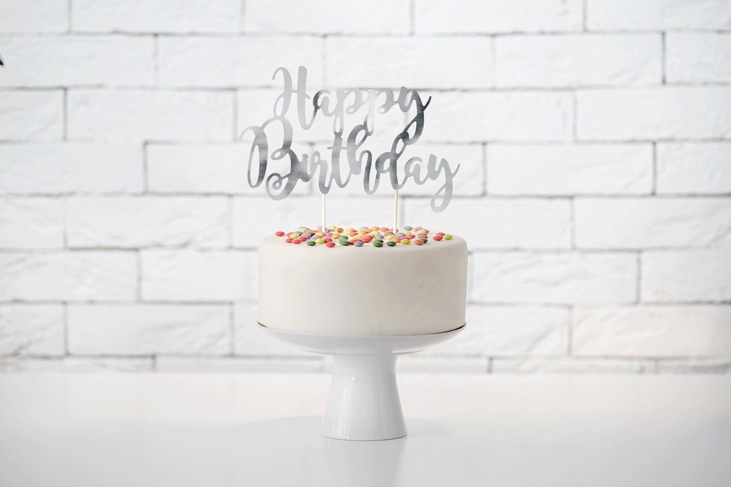partydeco Tortenstecker, Cake Topper Happy Birthday 22.5cm, silber