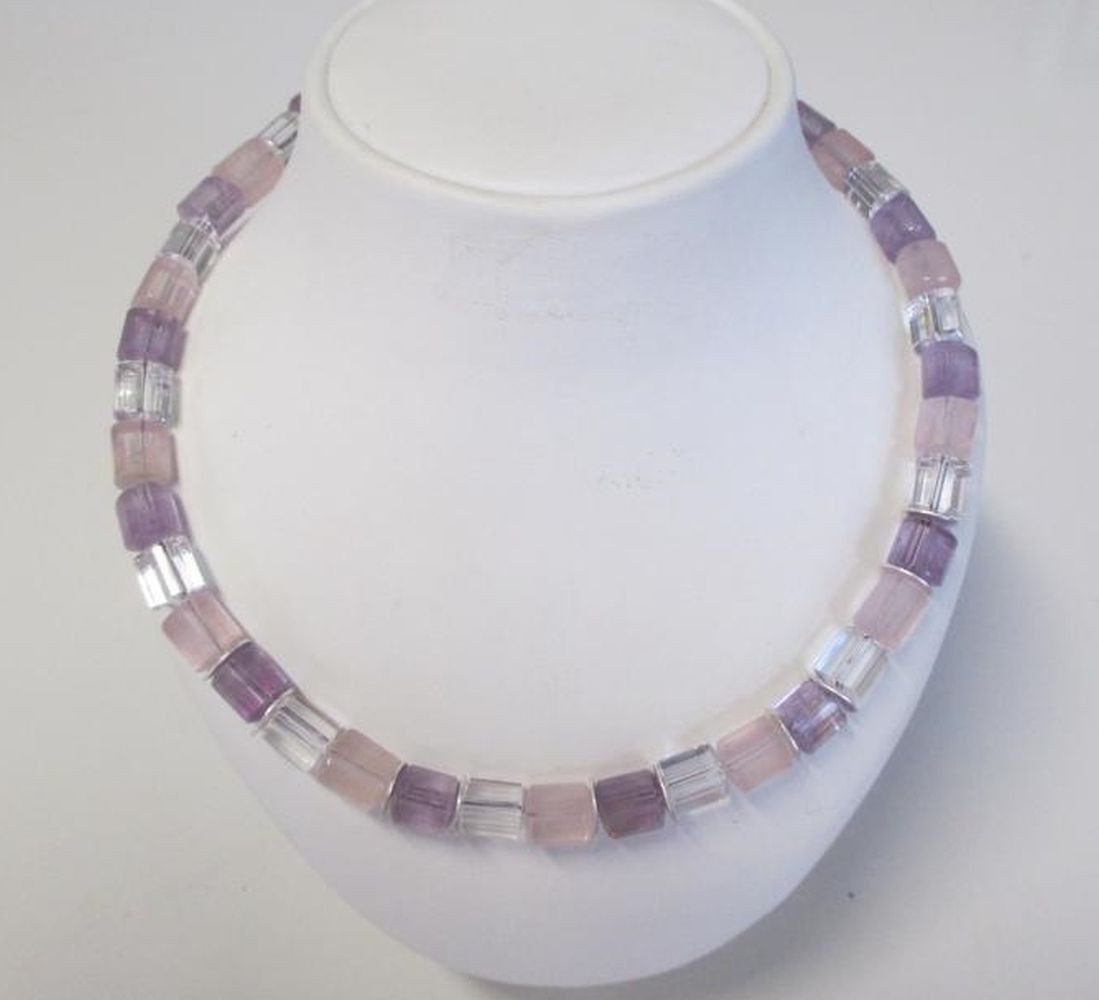 Kette ohne Anhänger Edelsteinkette Amethyst, Bergkristall, Rosenquarz