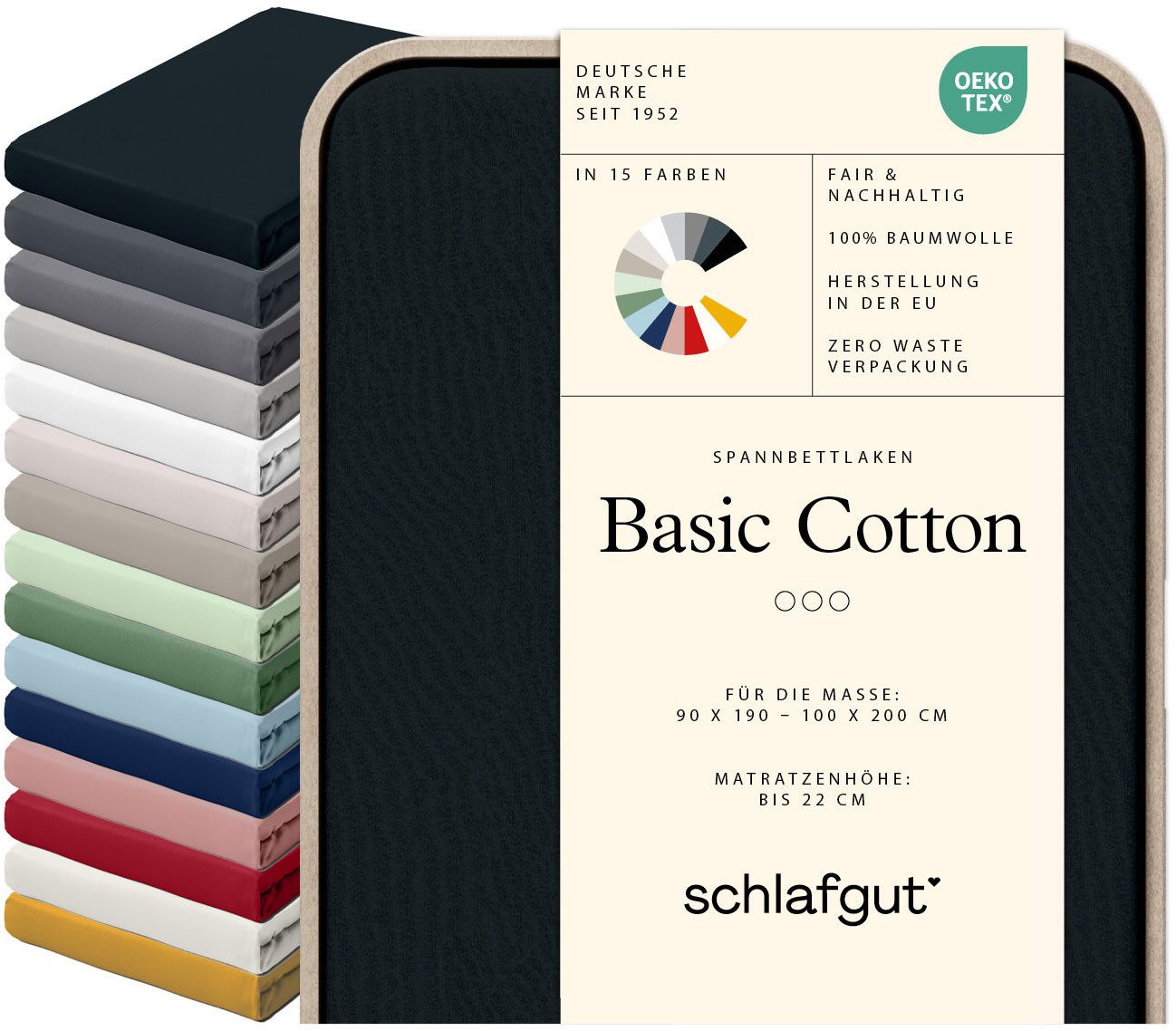 Schlafgut Spannbettlaken Basic Cotton Bettlaken, 160 g/m², 100% Baumwolle, Spannbetttuch, Jersey, Gummizug: rundum, (1 Stück), Spannbettlaken bis 22 cm Matratzenhöhe, bügelfrei und pflegeleicht