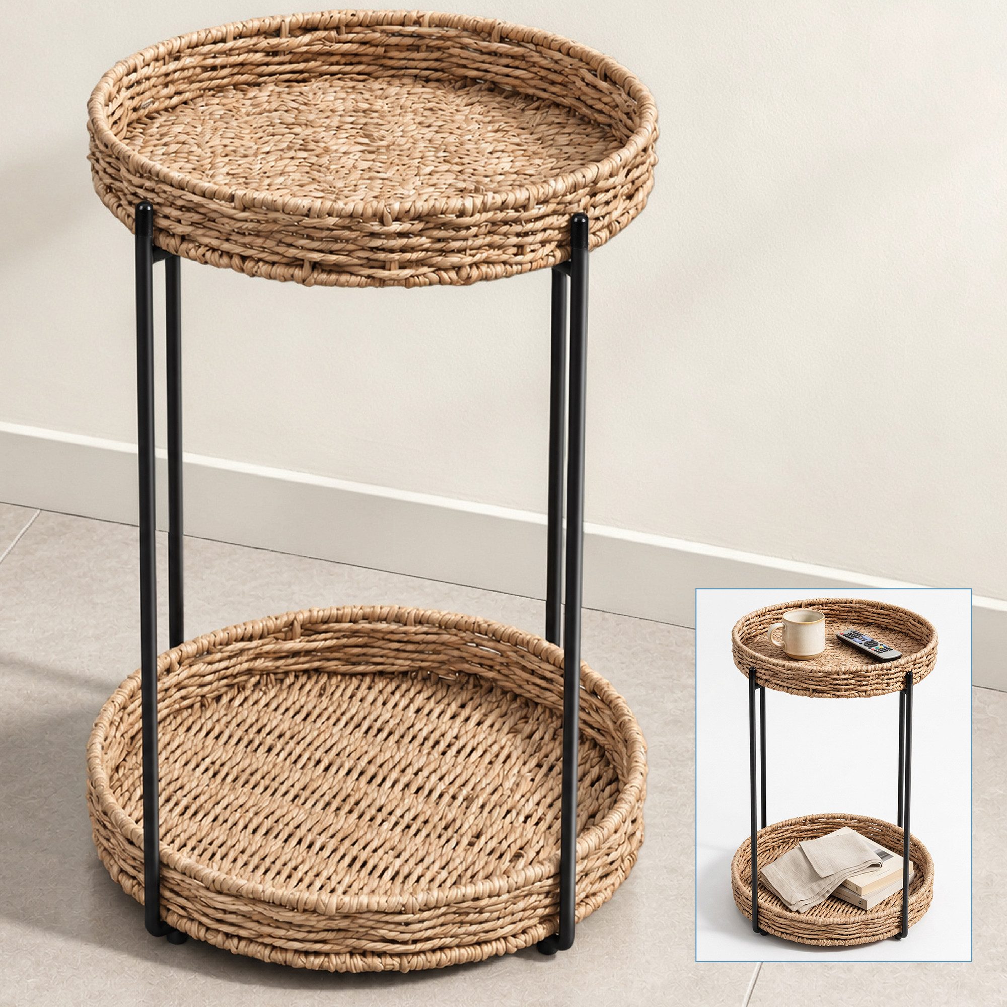 doporro Beistelltisch Couchtisch kleiner Tisch mit 1/2 geflochtenen Ablagen rund Reglo-08, Zwei Materialien zur Auswahl