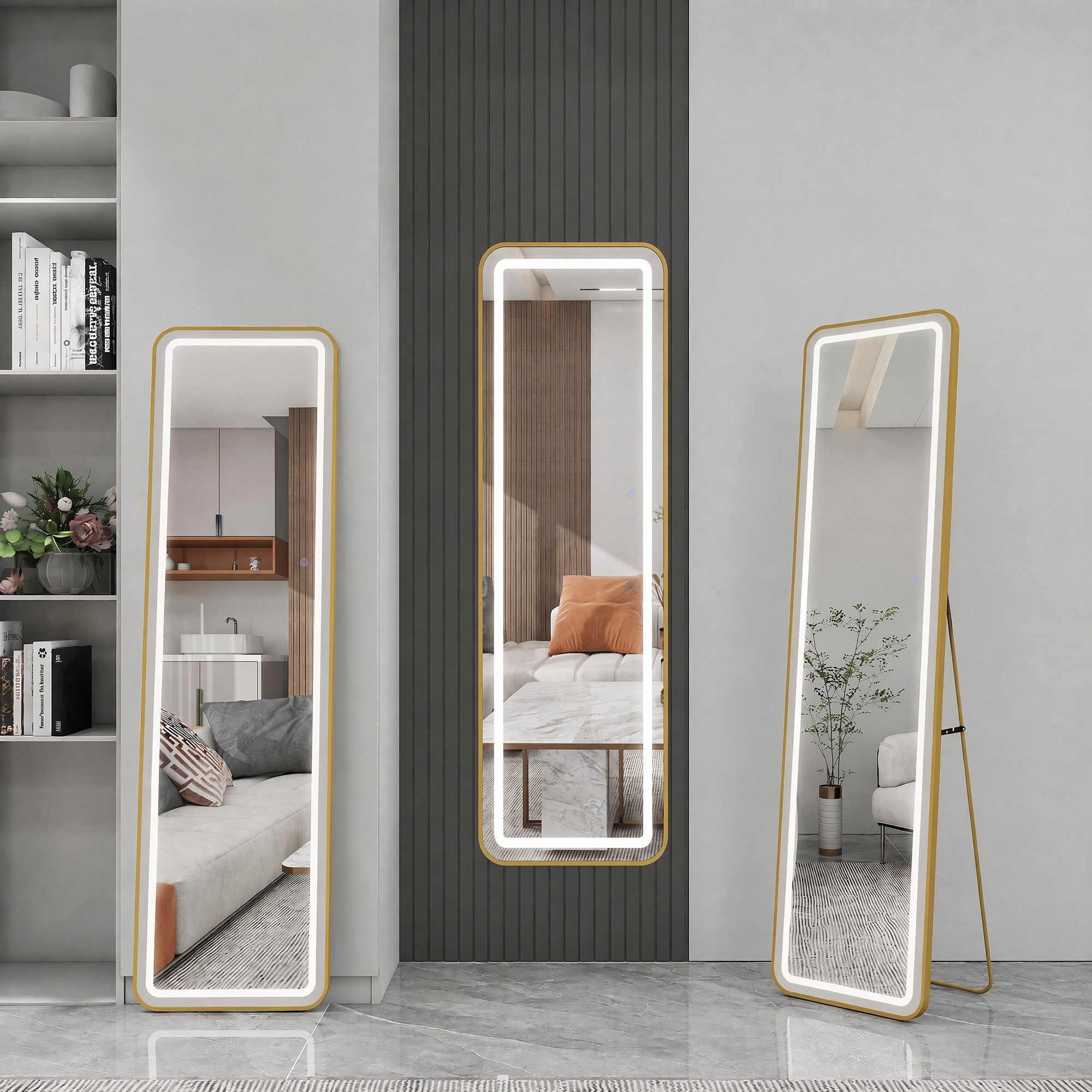 BELUPAI Ganzkörperspiegel LED Standspiegel, Moderne Wandspiegel (Set, 1-St., Großer Spiegel Rechteck Bodenspiegel mit Touch-Schalter), für Schlafzimmer, Wohnzimmer, Badezimmer, Gold, 150x40cm