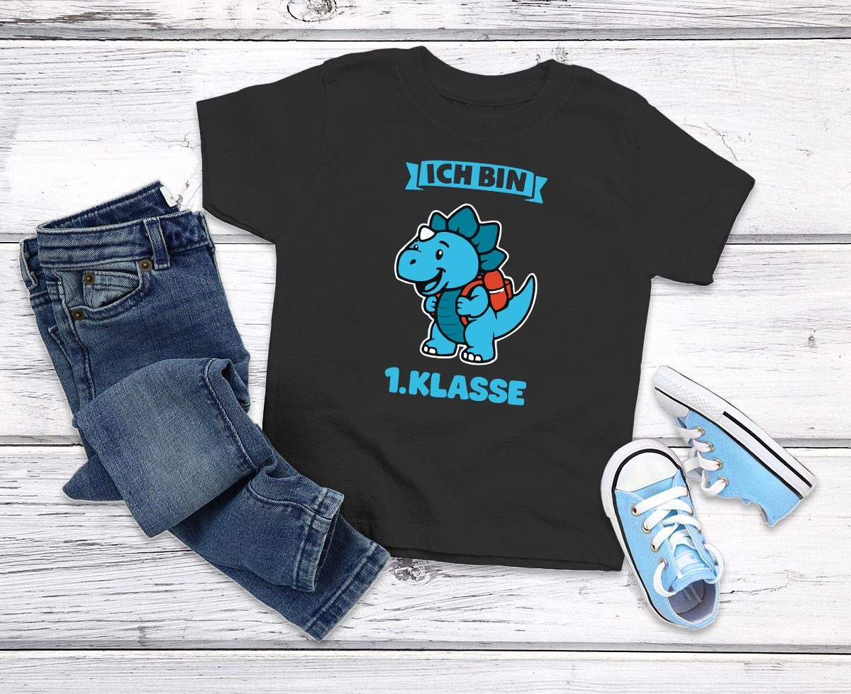 Print-Shirt Kinder Jungen T-Shirt Einschulung 2025 Dino Spruch Ich bin erste