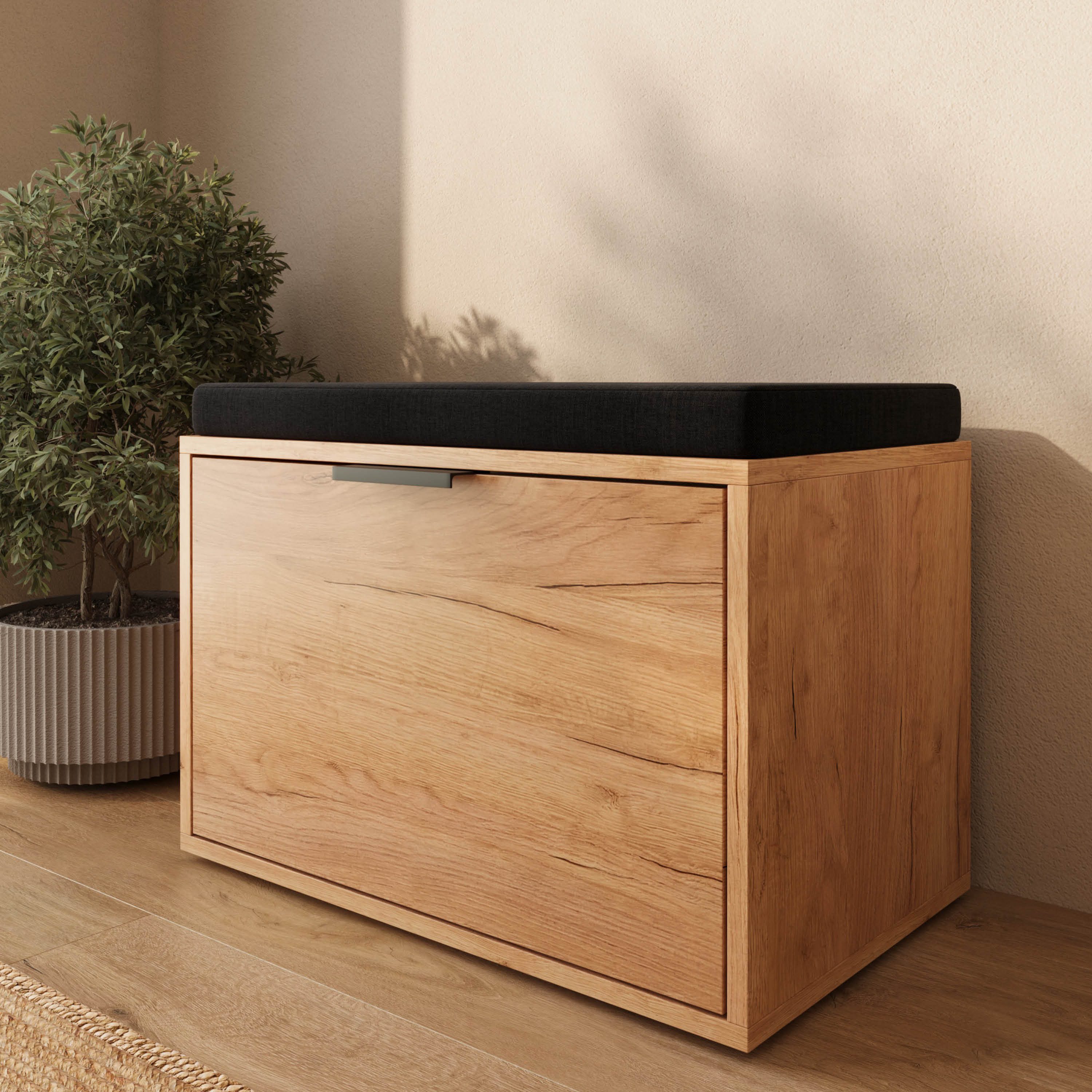 Planetmöbel Schuhbank Elyo Schuhschrank mit Sitzbank (Schuhbank mit SItzkissen, und Stauraum, 61 x 36,6 x 38 cm, Gold Eiche)