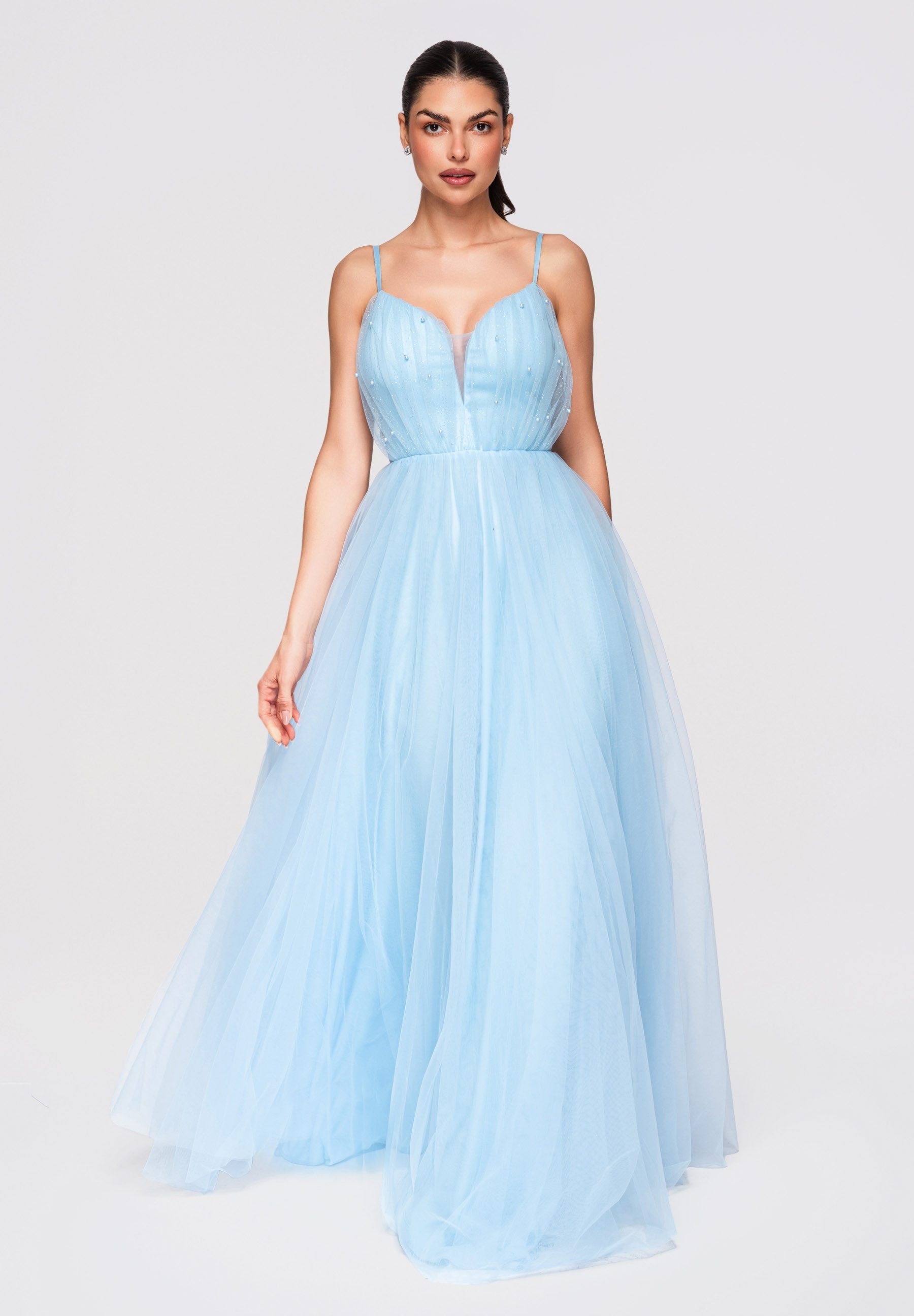 OMBRE Abendkleid Damen Maxikleid Tüll A-Linie Abendmode Blau L (kein Set, 1-tlg) Mehrlagiger Tüllrock, transparente Einsätze