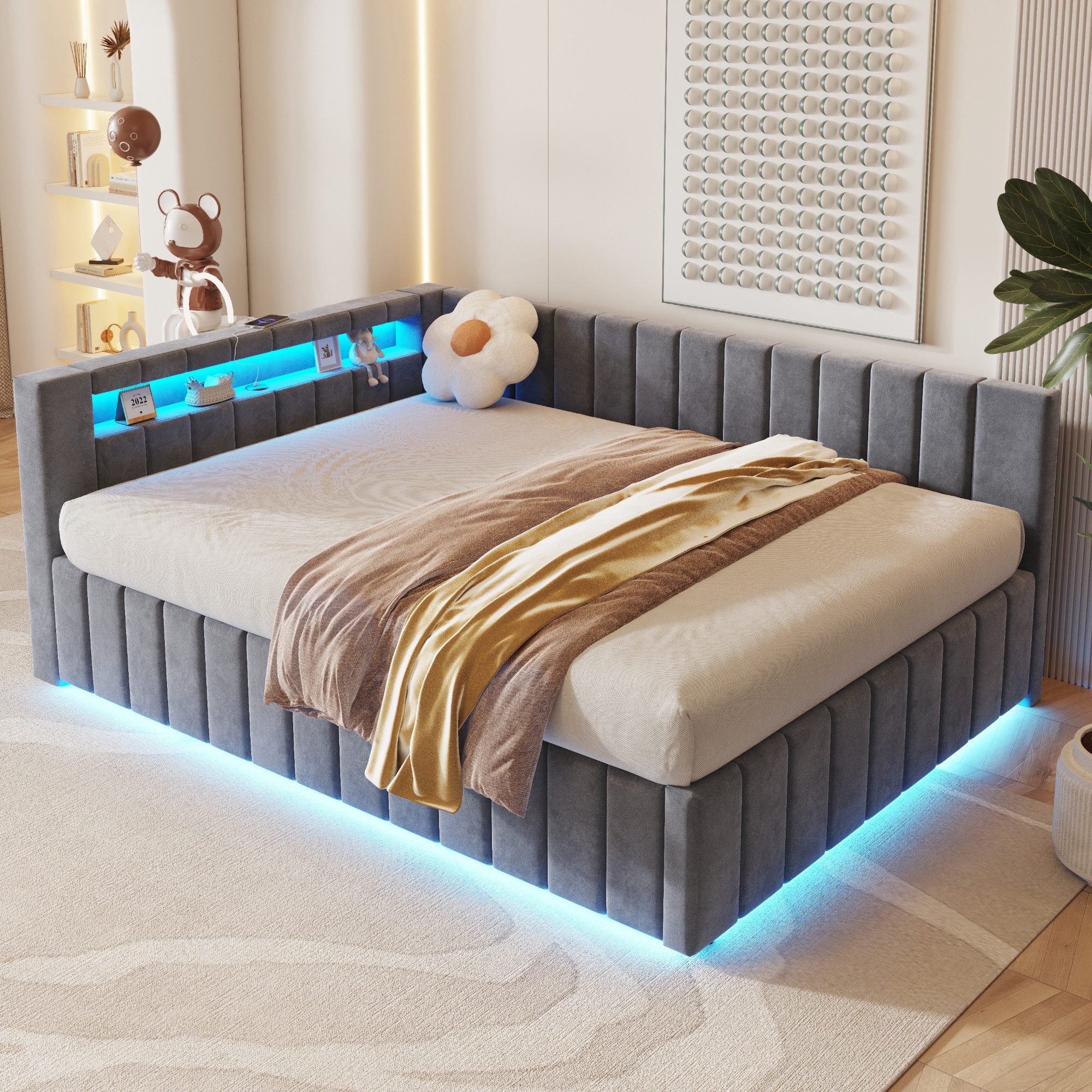 Merax Daybett 140x200 cm mit hydraulischem Stauraum (1 tlg), Polsterbett Tagesbett Schlafsofa mit LED, USB & Rückenlehne, Samt – Bild 3 von 5