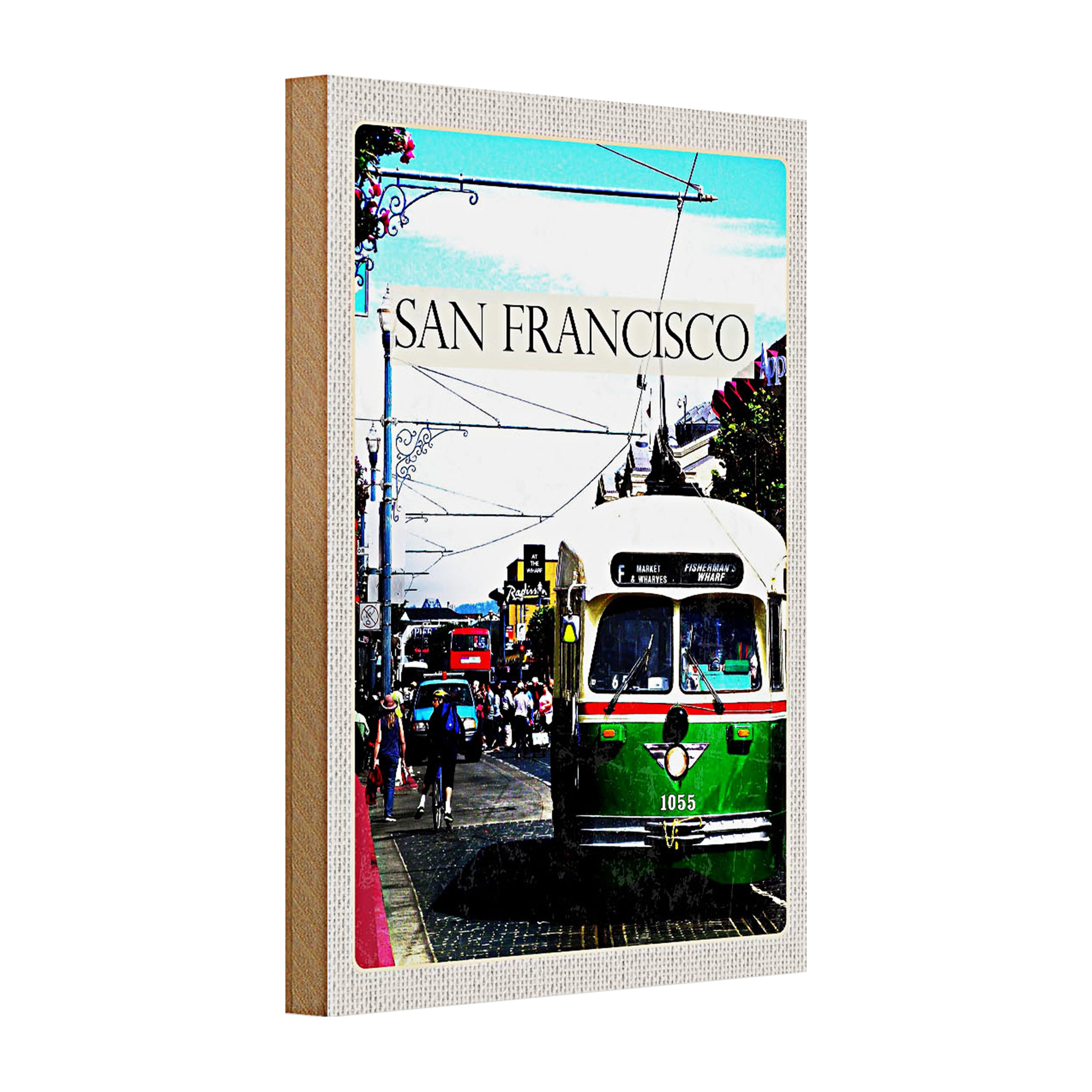 Roomando Holzbild Holzschild Reise 20x30cm San Francisco Menschen Straßenbahn