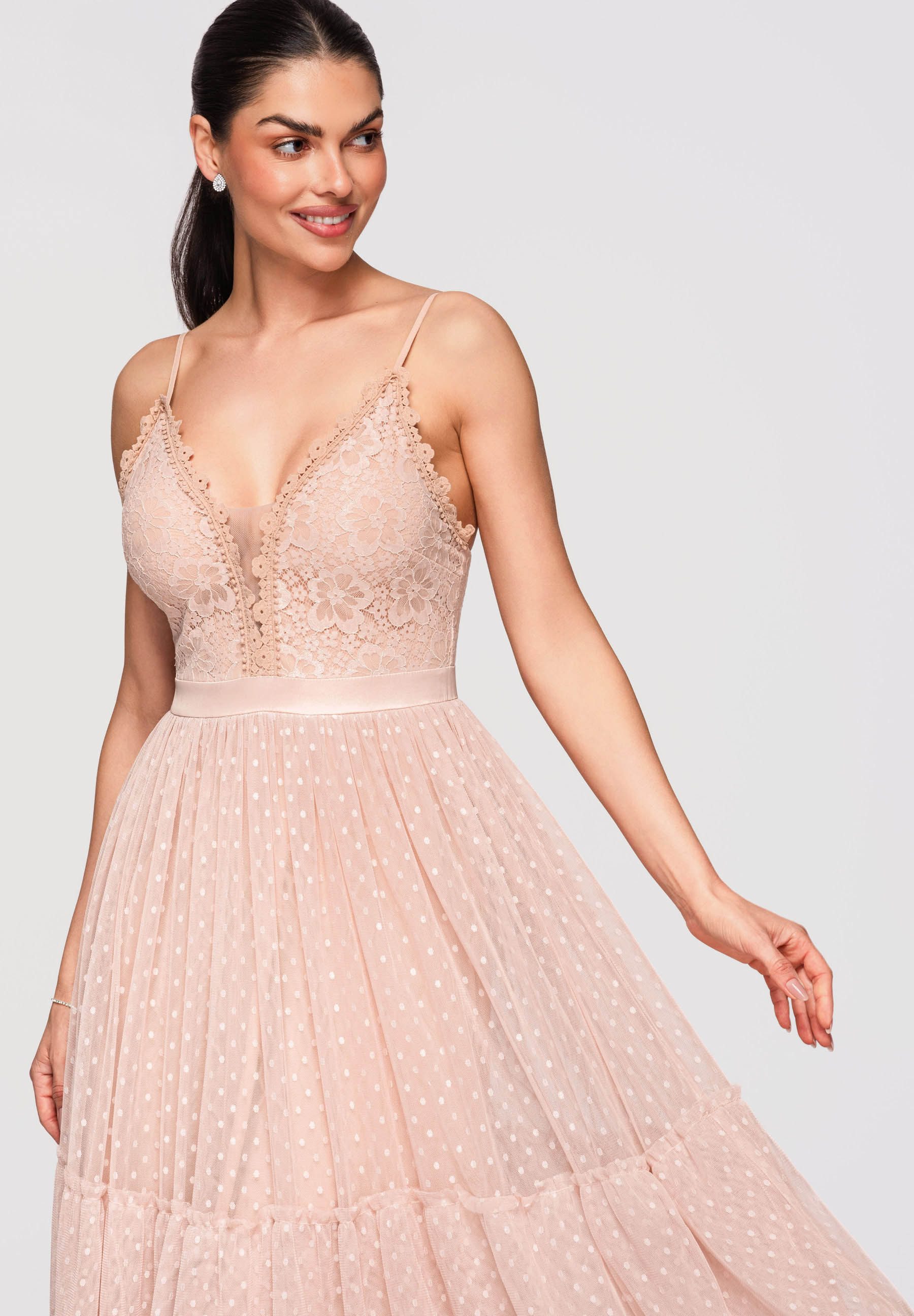 OMBRE Abendkleid Damen Midi-Kleid Spitze Tüll Cocktail Beige S (kein Set, 1-tlg) Mehrlagiger Rock aus Mesh