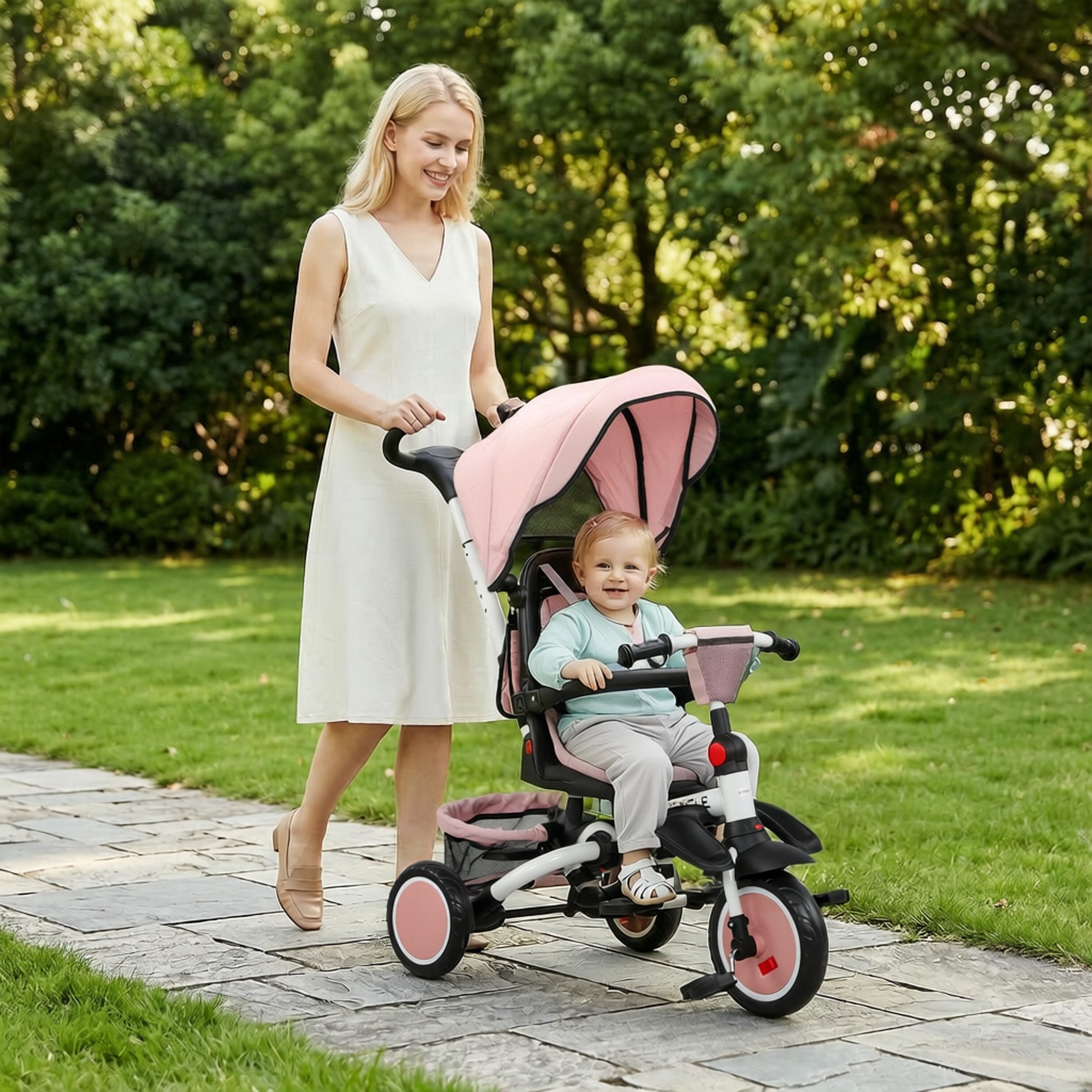 AIYAPLAY Dreirad 6in1 mit Schubstange Faltbar Kinderdreirad mit drehbarem Sitz, für 1-5 Jahre Rosa