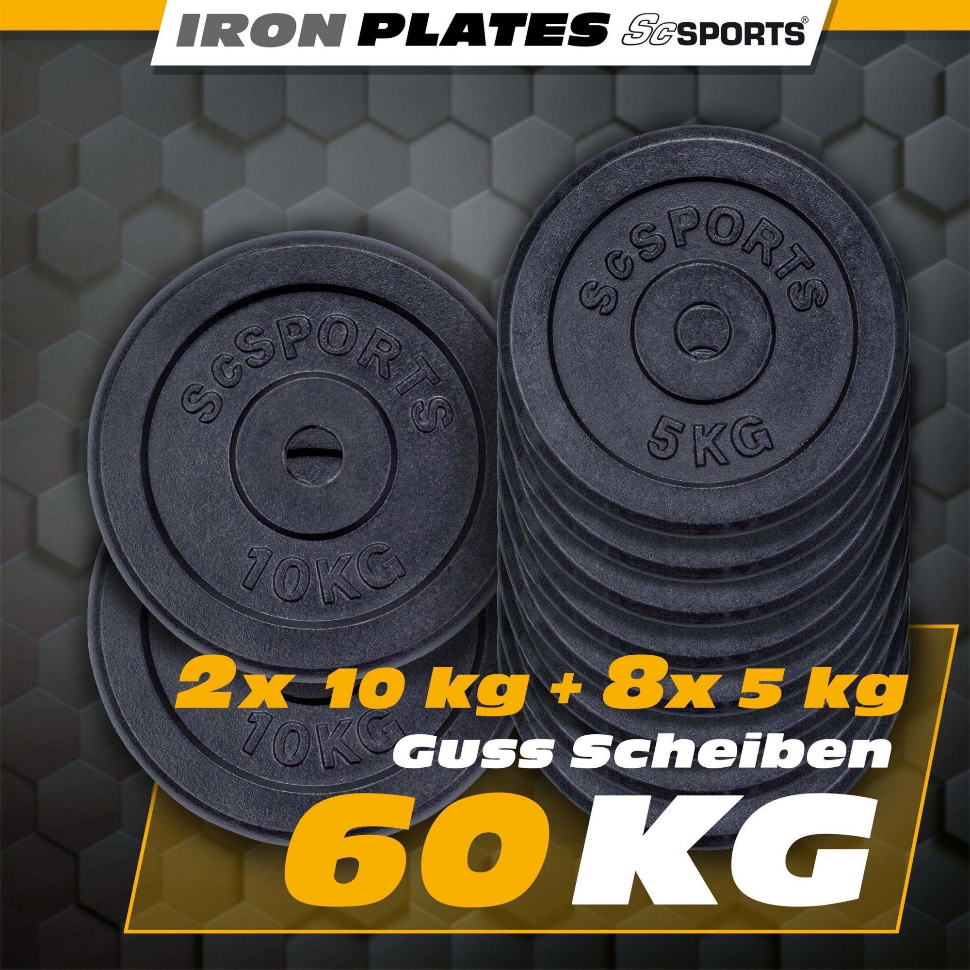 ScSPORTS® Hantelscheiben Set Gusseisen 60 Gewichte, Ø kg (10000108-tlg) Gewichtsscheiben 30mm