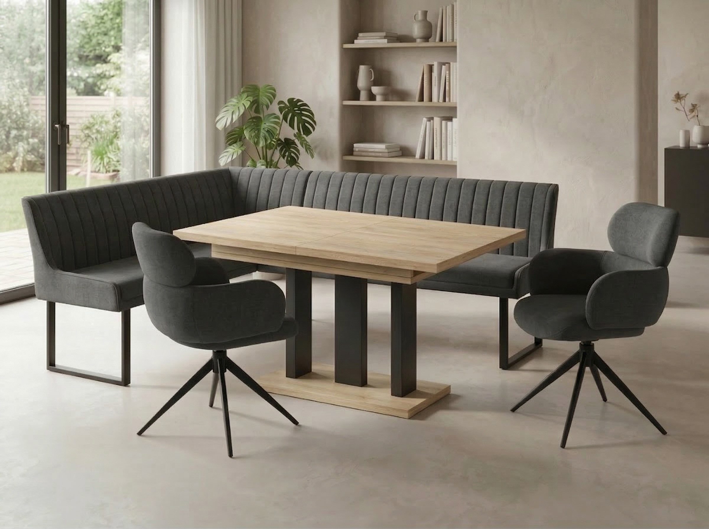 Endo-Moebel Eckbankgruppe Eckbankgruppe Esstisch ausziehbar 2 Stühle Eckbank Farbauswahl Set, (Eckbankgruppe, Eckbankgruppe inklusive Eckbank, Tisch und 2 Drehstühlen), Chenille 310 g/m², 360° Drehstühle, Auto-Return, Synchronauszug