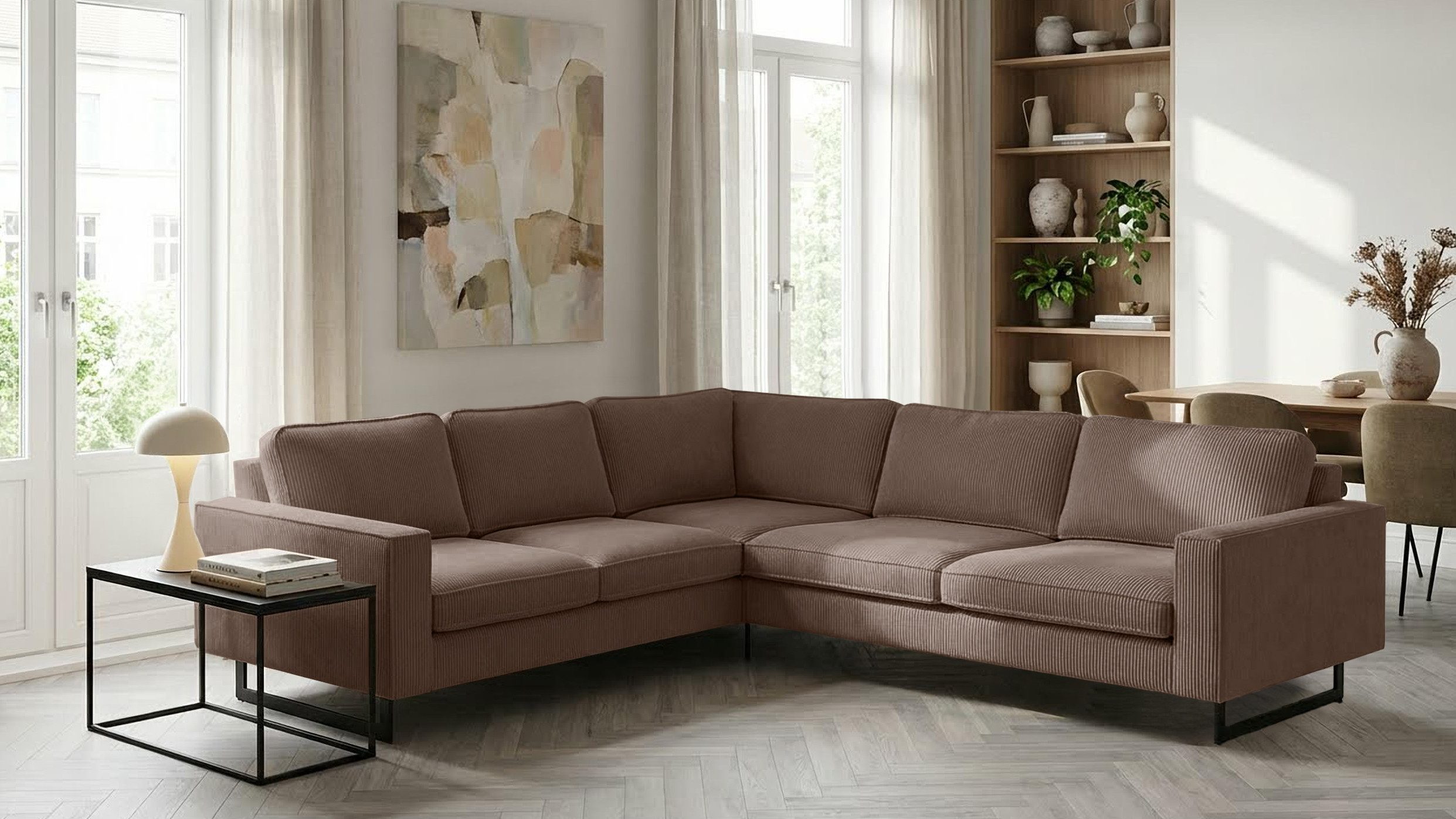 OTTO home Ecksofa Pinto, XXL, 250/290 cm, langer Schenkel, Ottomane, Cord, Chenille, Lederoptik, mit Keder, Metallfüße, Wellenunterfederung