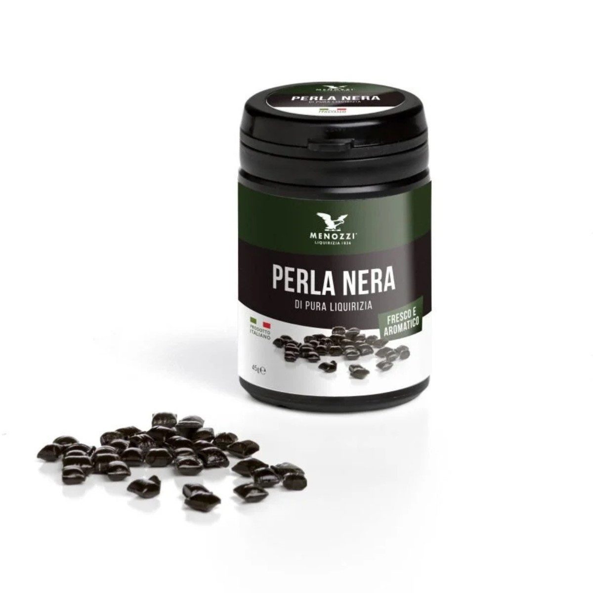 Menozzi Süßigkeit Perla Nera, Schwarze Perlen aus reinem Italienischen Lakritz, 45 g, 45 g