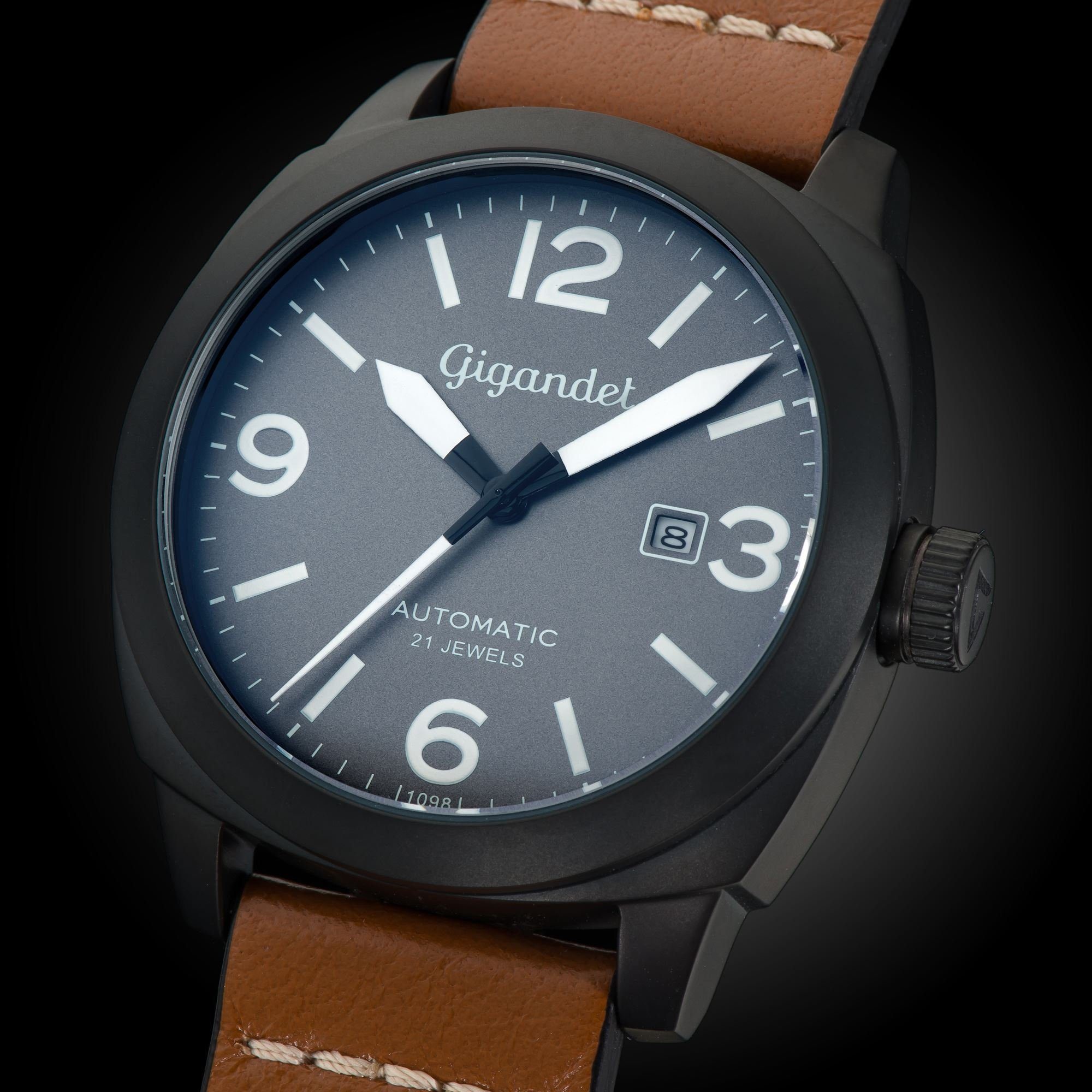 Gigandet Automatikuhr Herrenuhr, Armbanduhr, Fliegeruhr, 46mm, RED BARON II G9-005, Mineralglas, Datumsanzeige, Braun, Schwarz, 10bar/100m wasserdicht