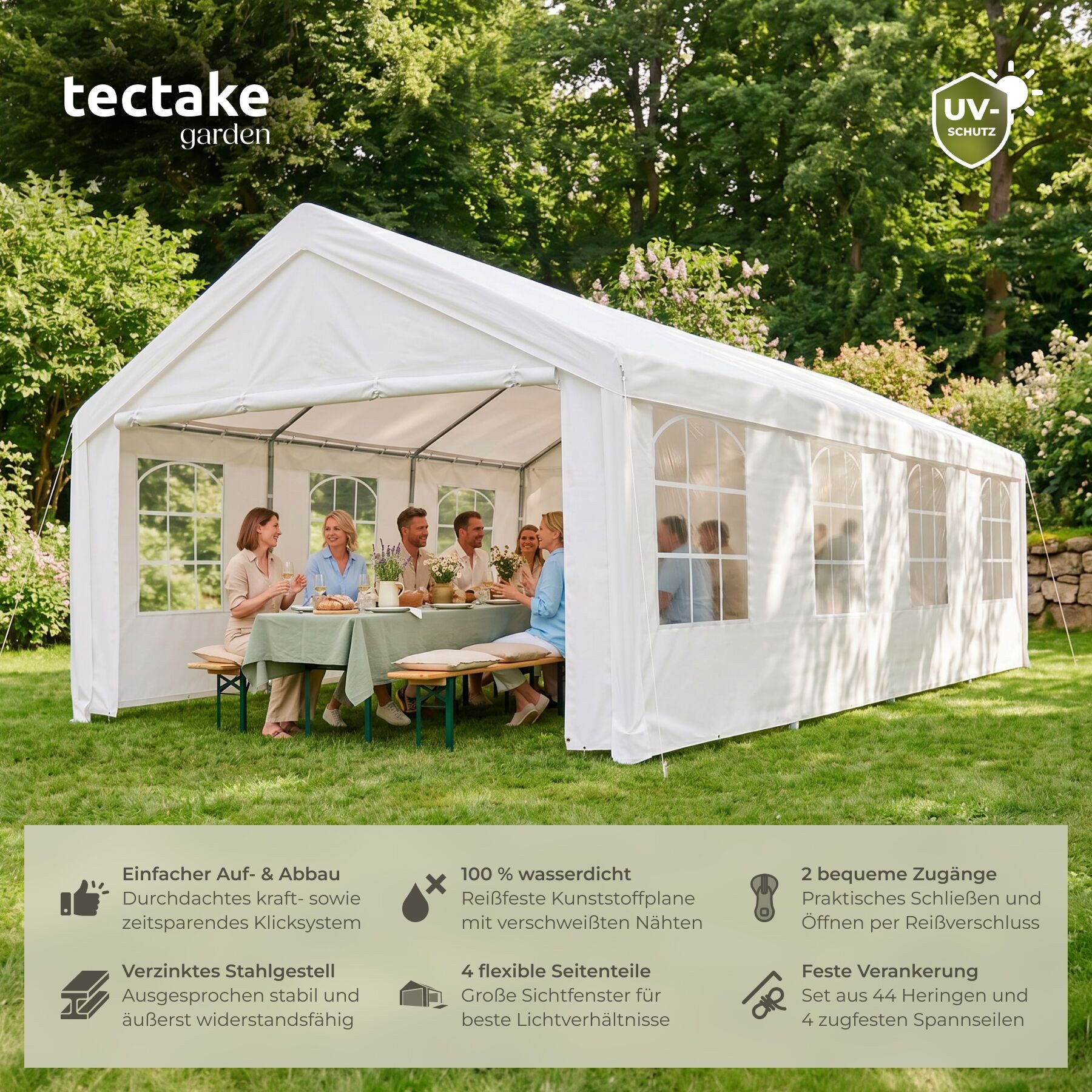 tectake Pavillon Eventzelt 4 x 8 m wasserdicht mit UV-Schutz und abnehmbaren, mit 4 Seitenteilen, (Gartenpavillon Mammut, in Weiß), Stahlgestell mit Spannseilen und Heringen für sicheren Stand