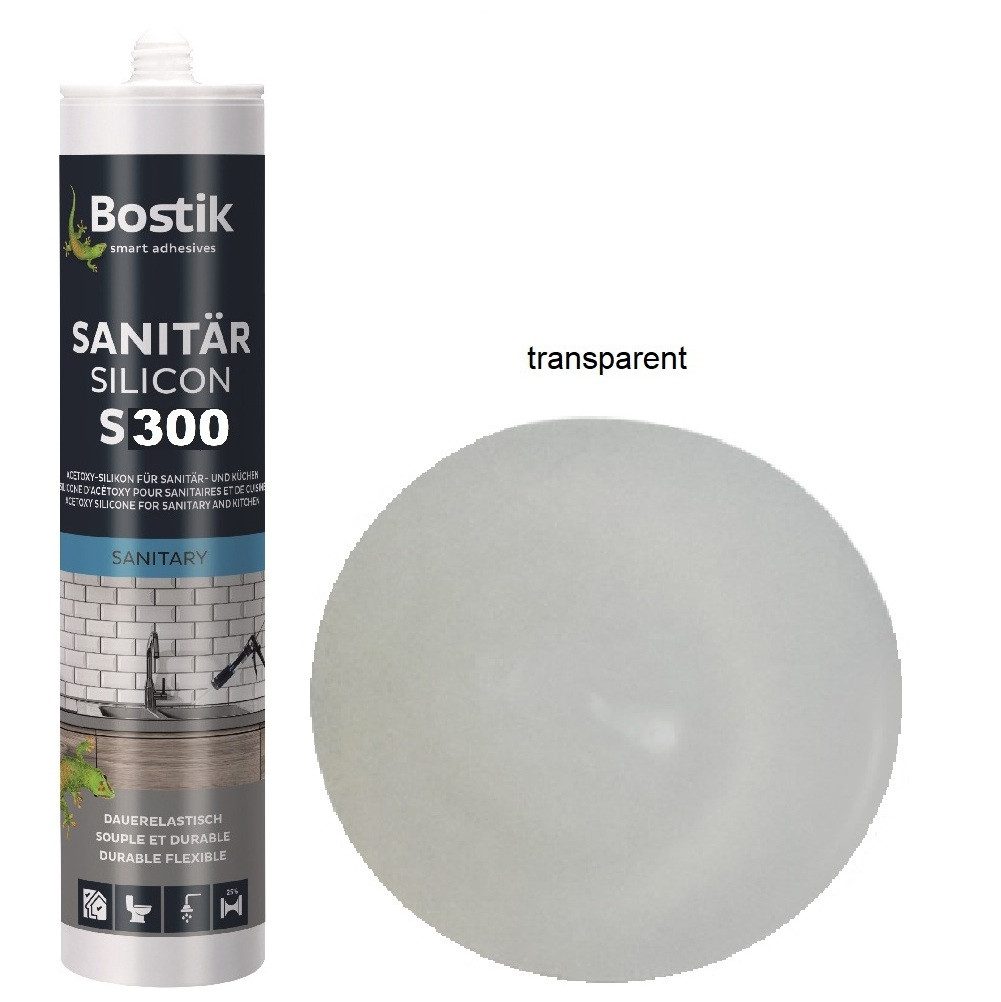 BOSTIK Dichtstoff Bostik S300 Sanitärsilicon 300ml Kartusche Dichtstoff Transparent, gebrauchsfertig, Universal-Qualität, mit Schutzeffekt