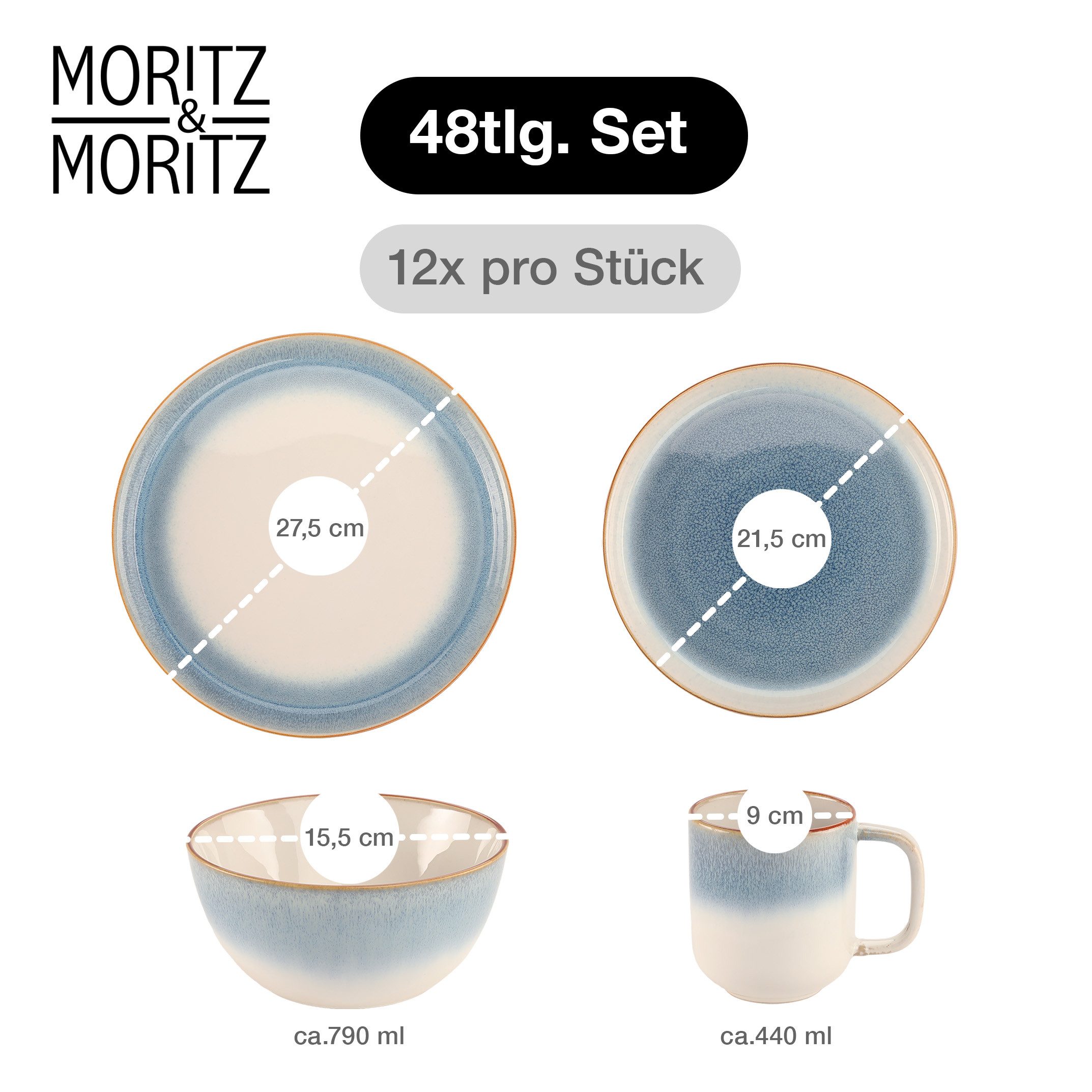 Moritz & Moritz Kombiservice TARENTO Geschirrset 48tlg Blau (48-tlg), 12 Personen, Steinzeug, Kombigeschirr für 6 Personen