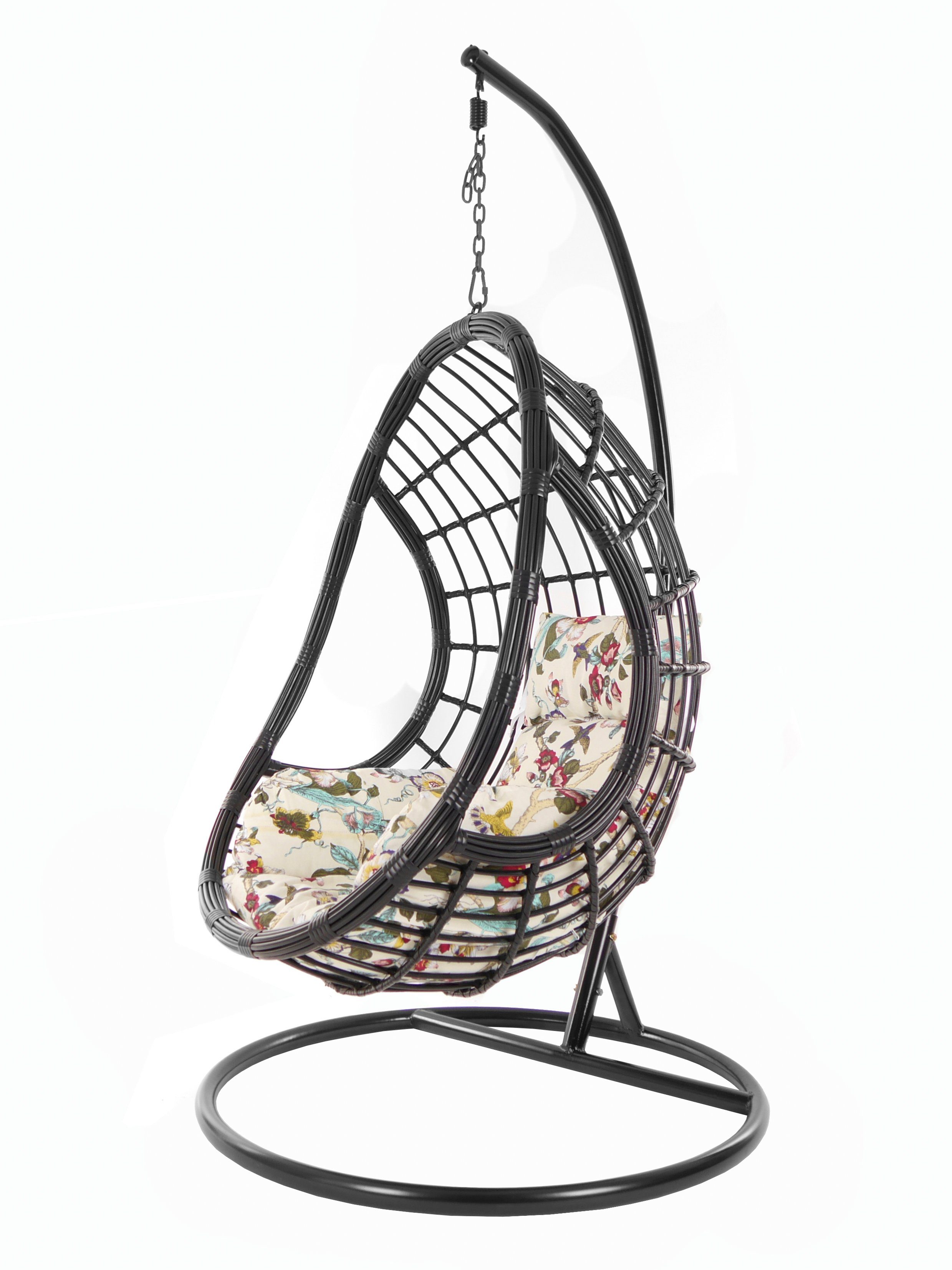 KIDEO Hängesessel PALMANOVA black, Loungemöbel, Swing Chair, Schwarz, Hängesessel mit Gestell und Kissen, Schwebesessel, Muster elfenbein gemustert (0056 ivory birds)