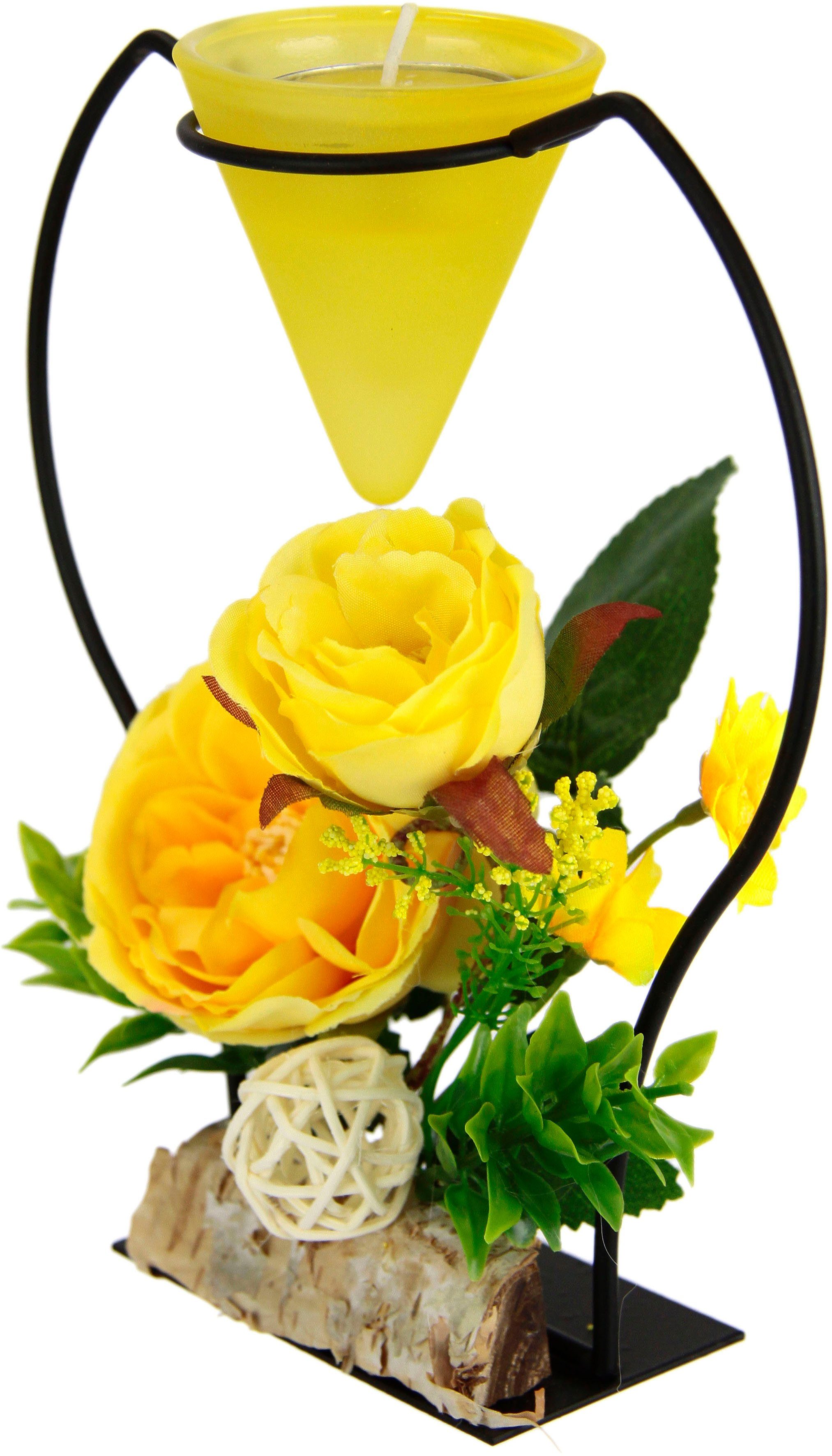Teelichthalter Advent gelb Glaseinsatz 3D Kerzenständer I.GE.A. Metall Kunstblumen Rose, Teelichtkerze