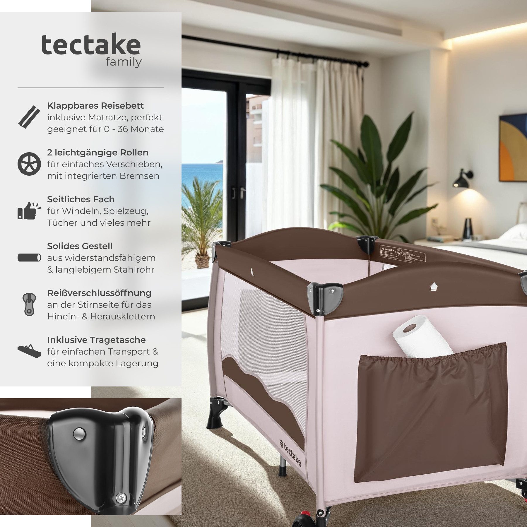 tectake Baby-Reisebett Kinderbett 126x65x80cm mit Transporttasche, mit groß günstig online kaufen